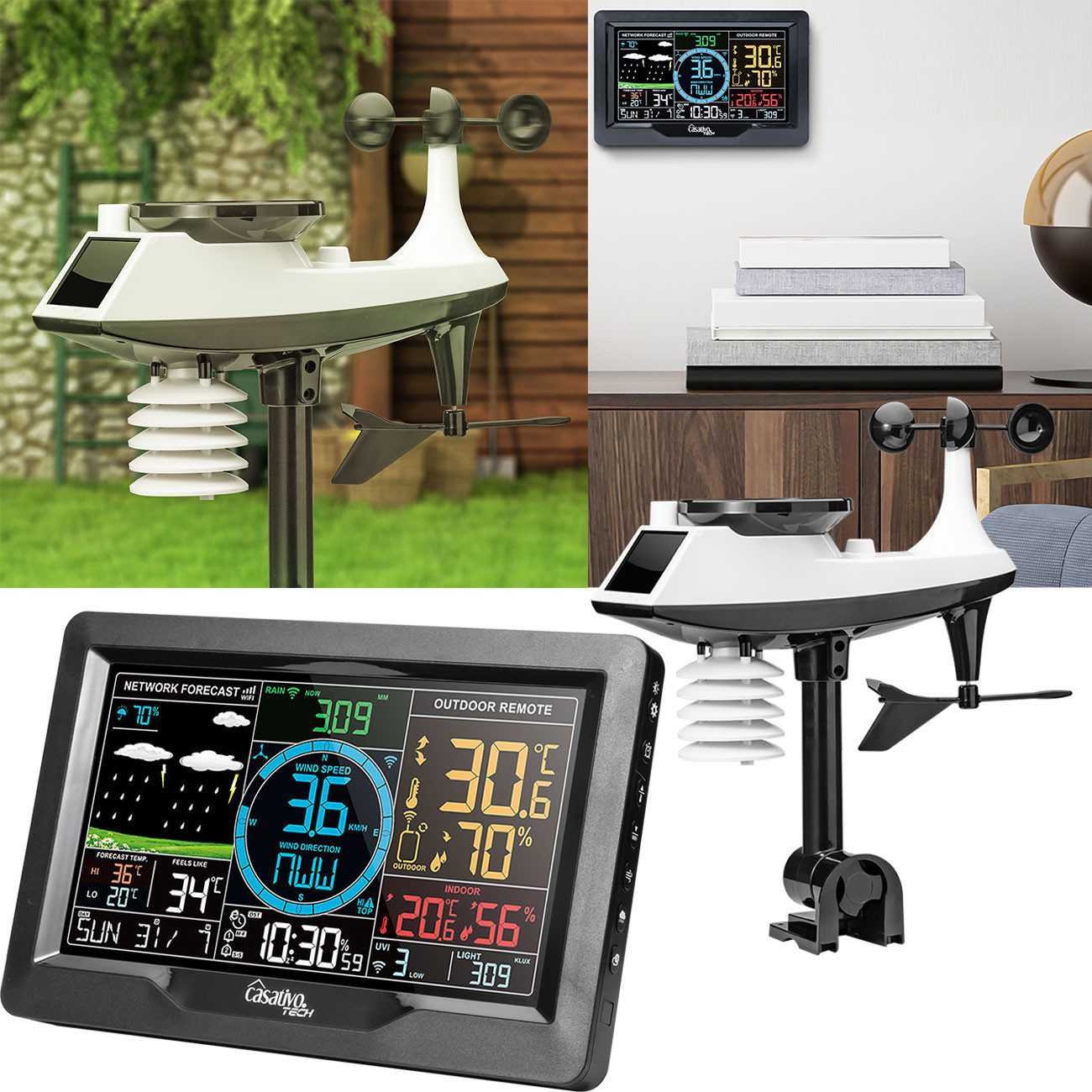 Casativo Premium WLAN Wetterstation m. XL-Farbdisplay, Aussensensor Außenwetterstation (Messung von Temperatur, Regenmenge, Windgeschwindigkeit, Luftdruck)