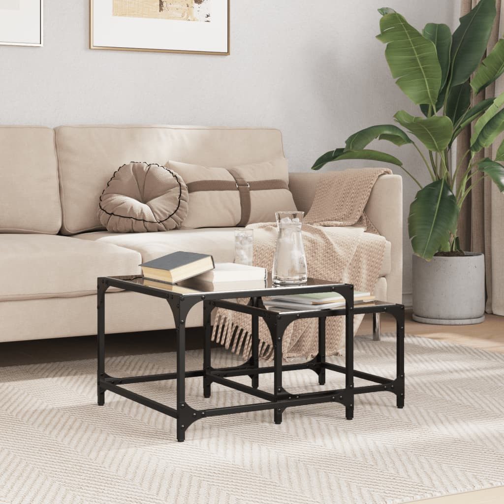 vidaXL Couchtisch Satztische 2 Stk. mit Glasplatte Schwarz Stahl (1-St)