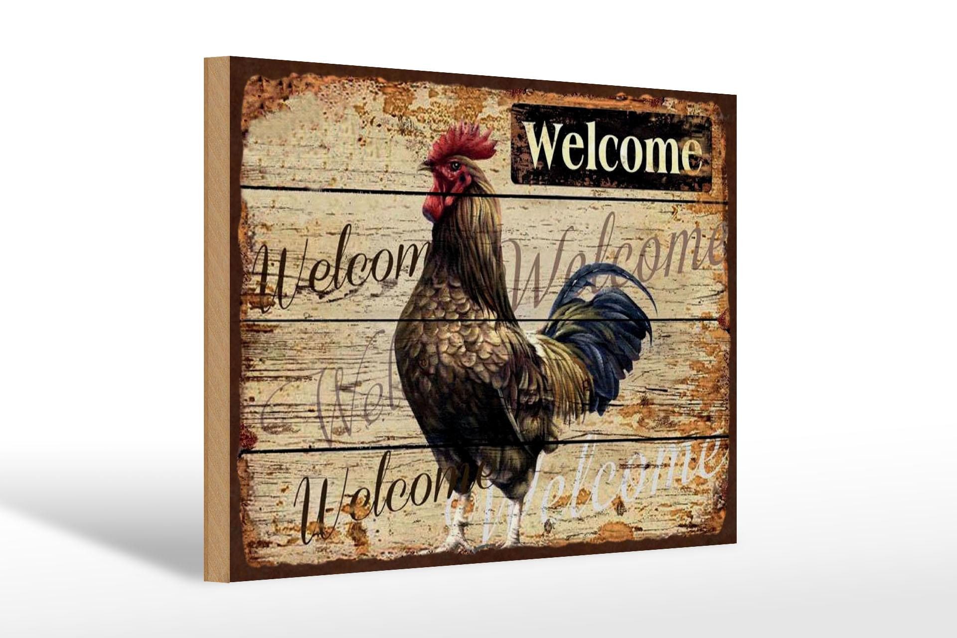Femer GmbH Holzbild Hinweis 20x30 cm Welcome Hahn, (1 St), Glatte Holzfaserplatte (MDF), vorn beschichtet