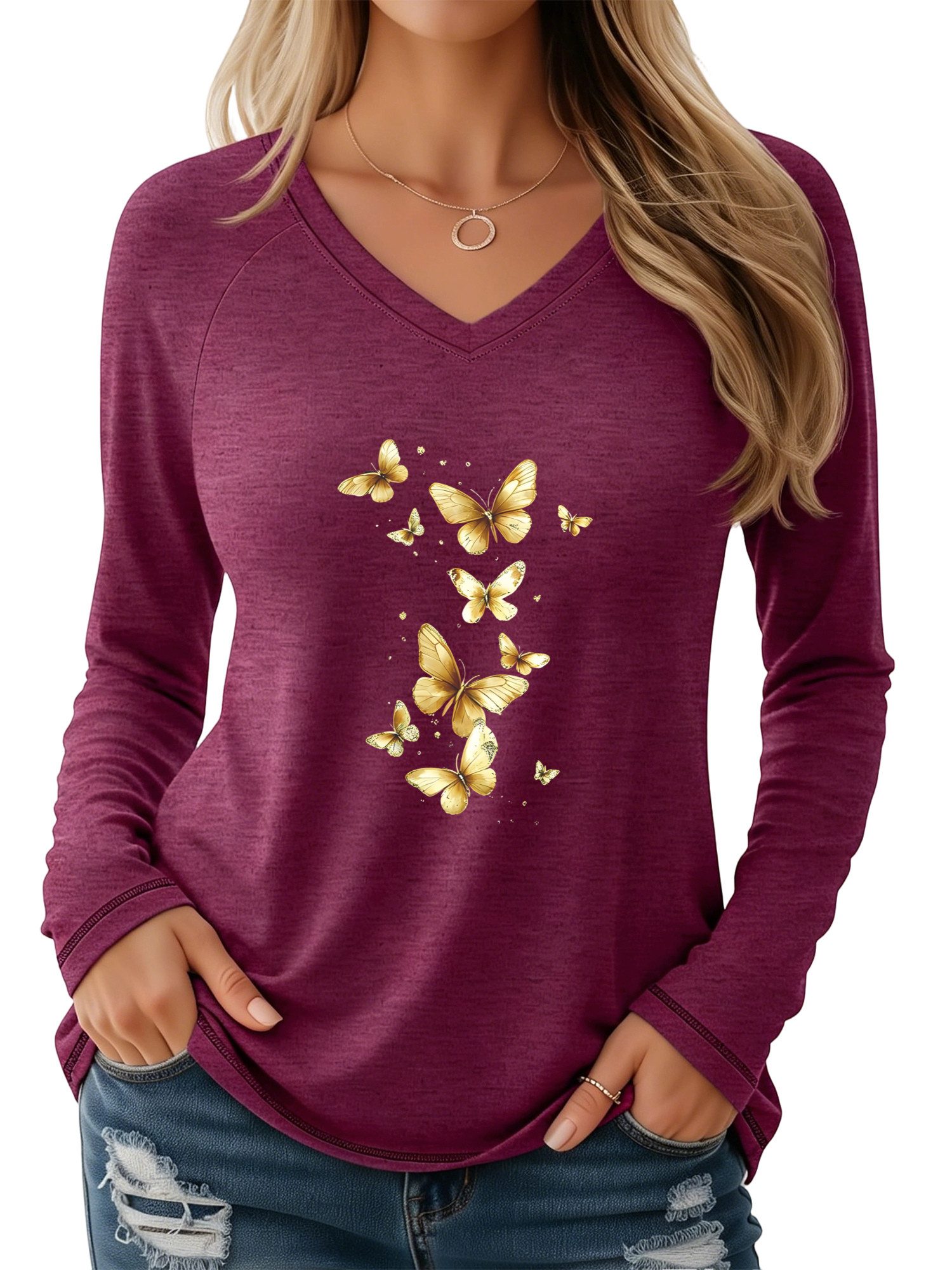 PYLIKE Longsleeve Damen V-Ausschnitt Longsleeve mit Goldener Schmetterling Print-Shirt Geeignet für den täglichen Gebrauch im Büro und zu …