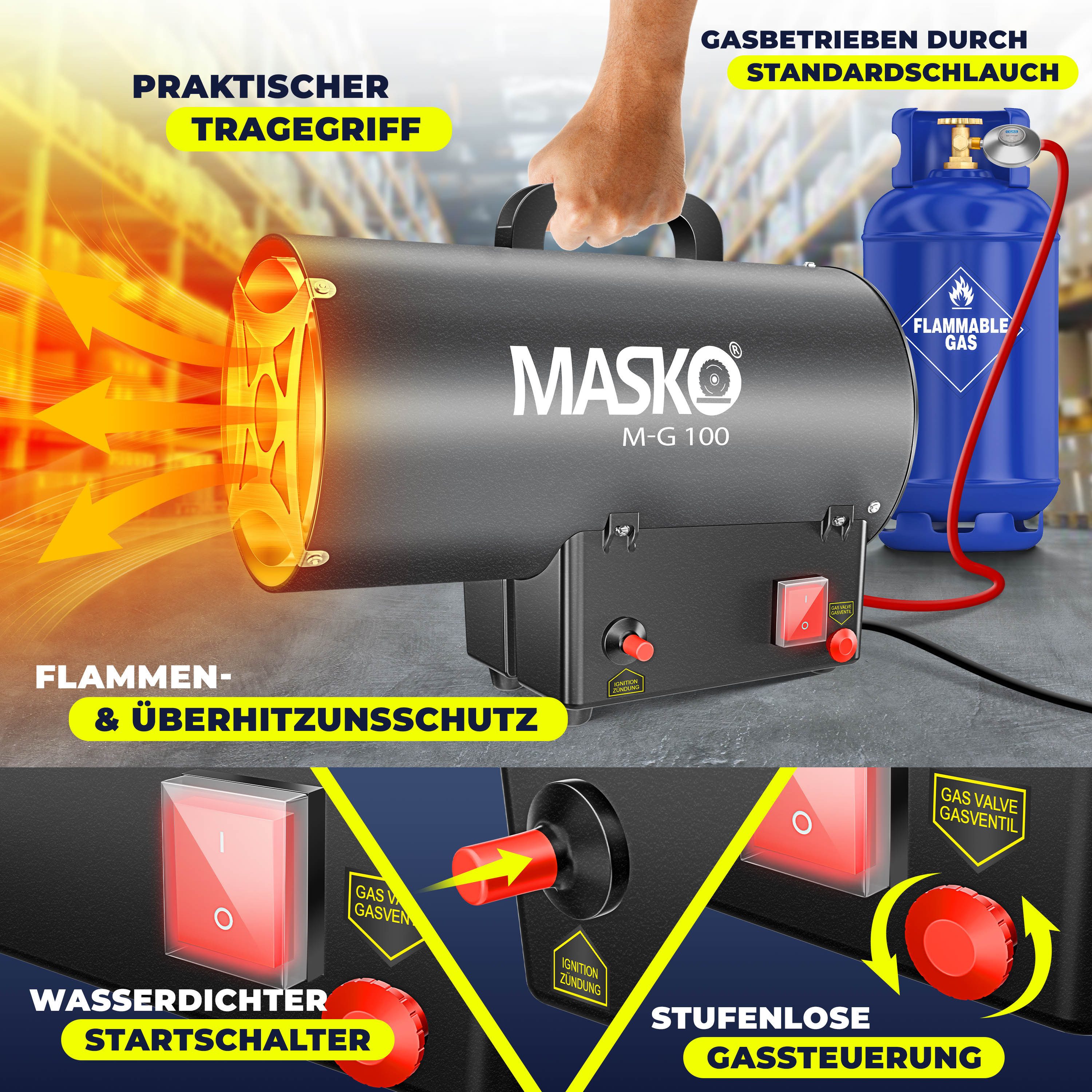 MASKO Heizgerät gasbetrieben inkl. Gasschlauch & Druckminderer Anschluss zu Gasflasche, 10000 W, Gas Heizlüfter mit Turbo Ventilator, Gasheizer Piezo-Zündung