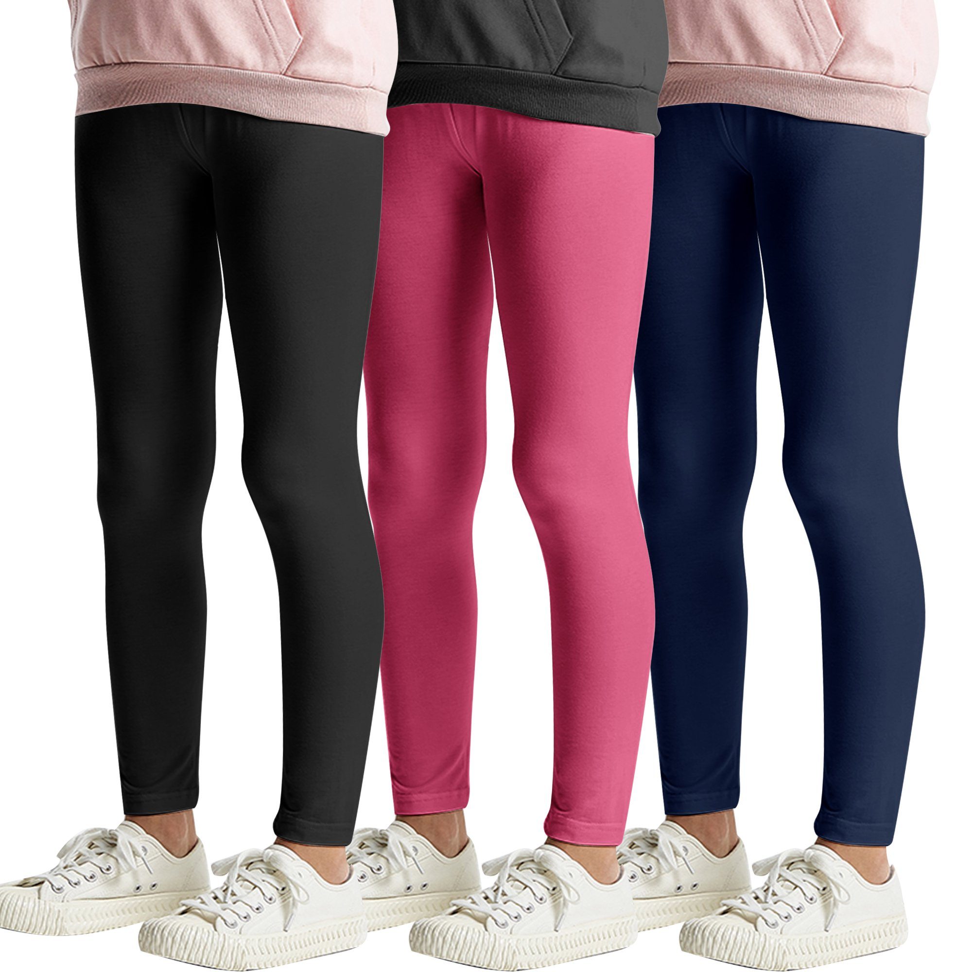 L&K-II 7/8-Leggings 2708-3er (3er-Pack) Basic Uni Farbe Mädchen Tanzhose aus Baumwolle Schwarz/Dunkelblau/Rosa