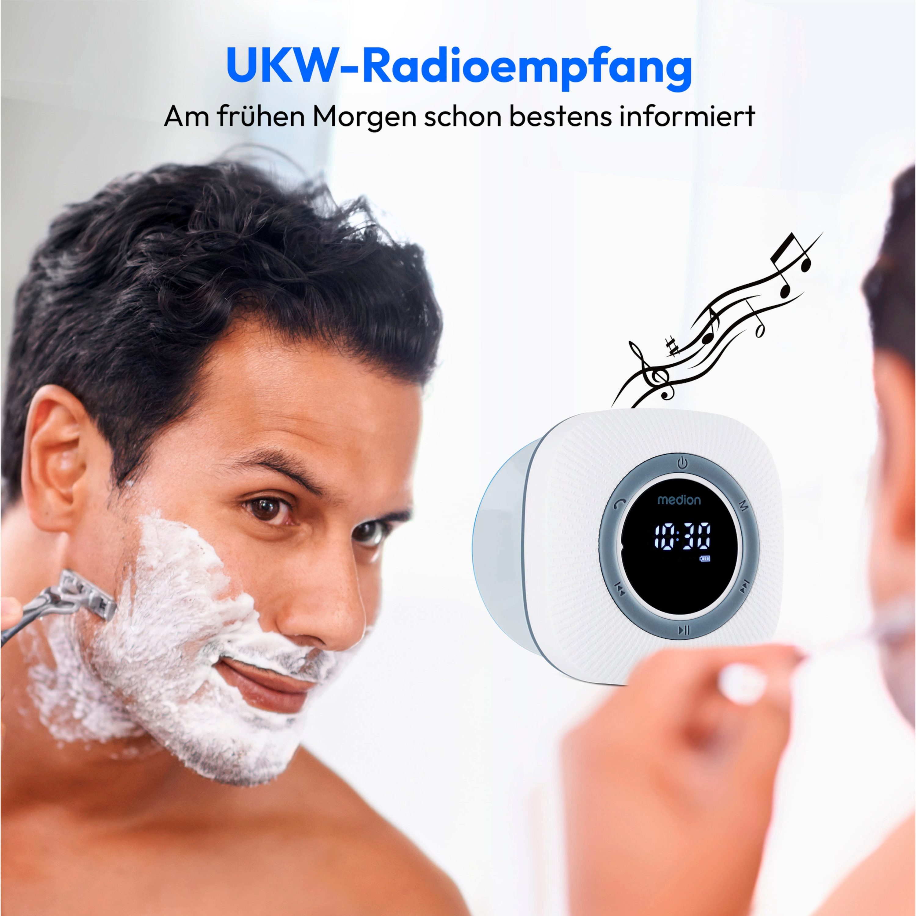 Medion® S66884 (MD 43884) Duschradio mit Bluetooth Radio (MW/UKW, 3 W, Saugnapf, LED-Display, IPX6 Wasserdicht, integrierter Akku, weiß) – Bild 4 von 5