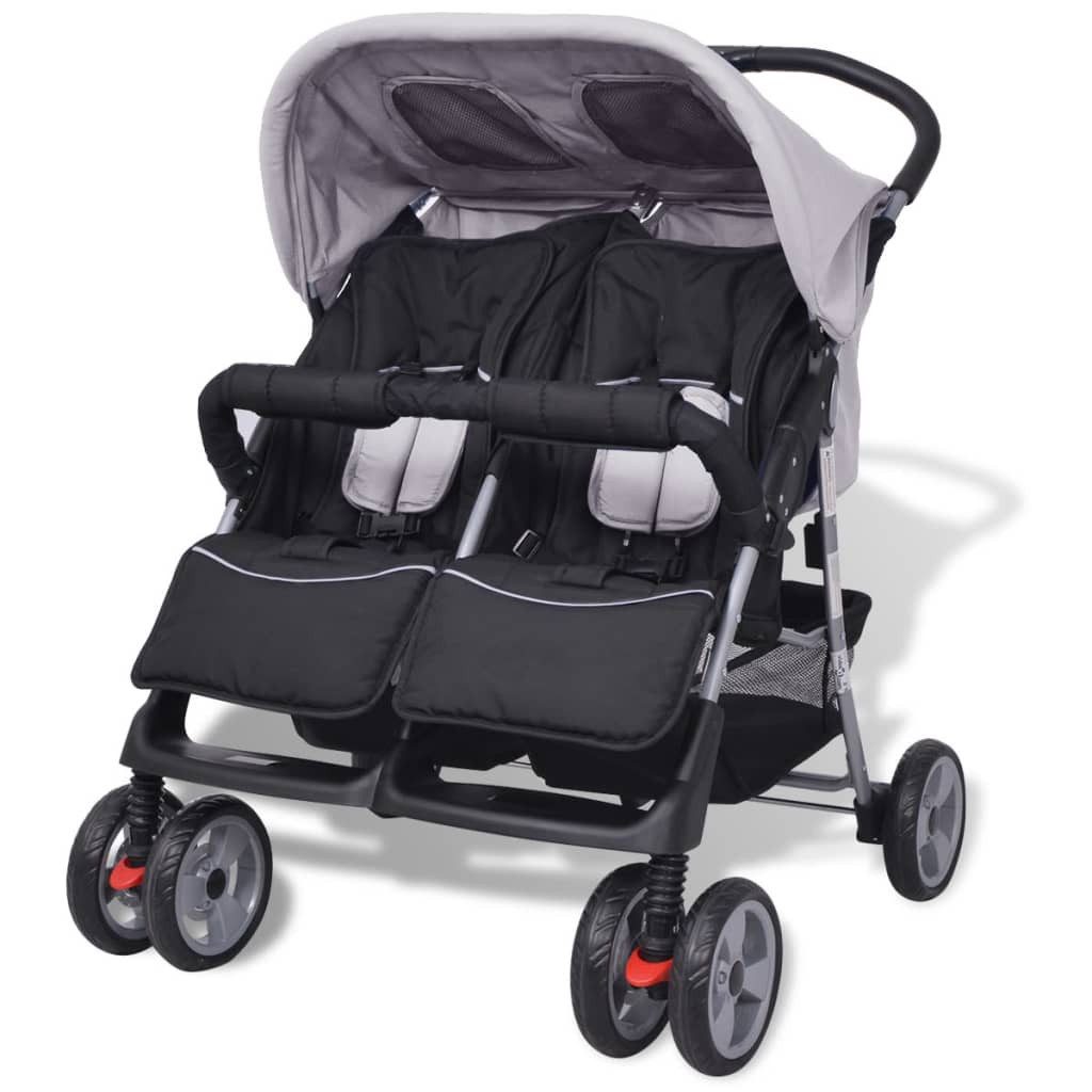 Kombi-Kinderwagen Kinderwagen Kinderkarre Baby Zwillingswagen Buggy Stahl Grau und Schwa
