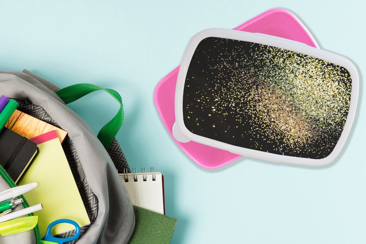 Lunchbox - Erwachsene, Brotdose MuchoWow rosa - Glitzer Brotbox (2-tlg), für Schwarz, Kunststoff Kunststoff, Design Snackbox, - Luxus Kinder, - Mädchen, Gold