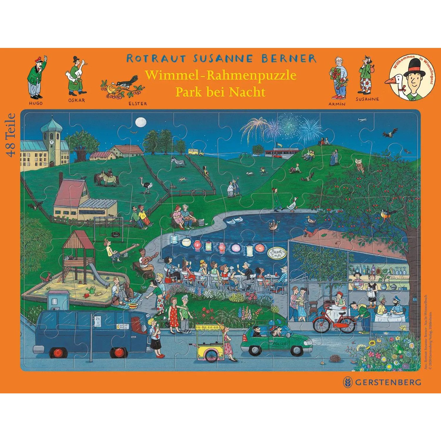 Gerstenberg Verlag Puzzle Wimmel-Rahmenpuzzle Nacht Motiv Stadtpark 48 Teile, 48 Puzzleteile