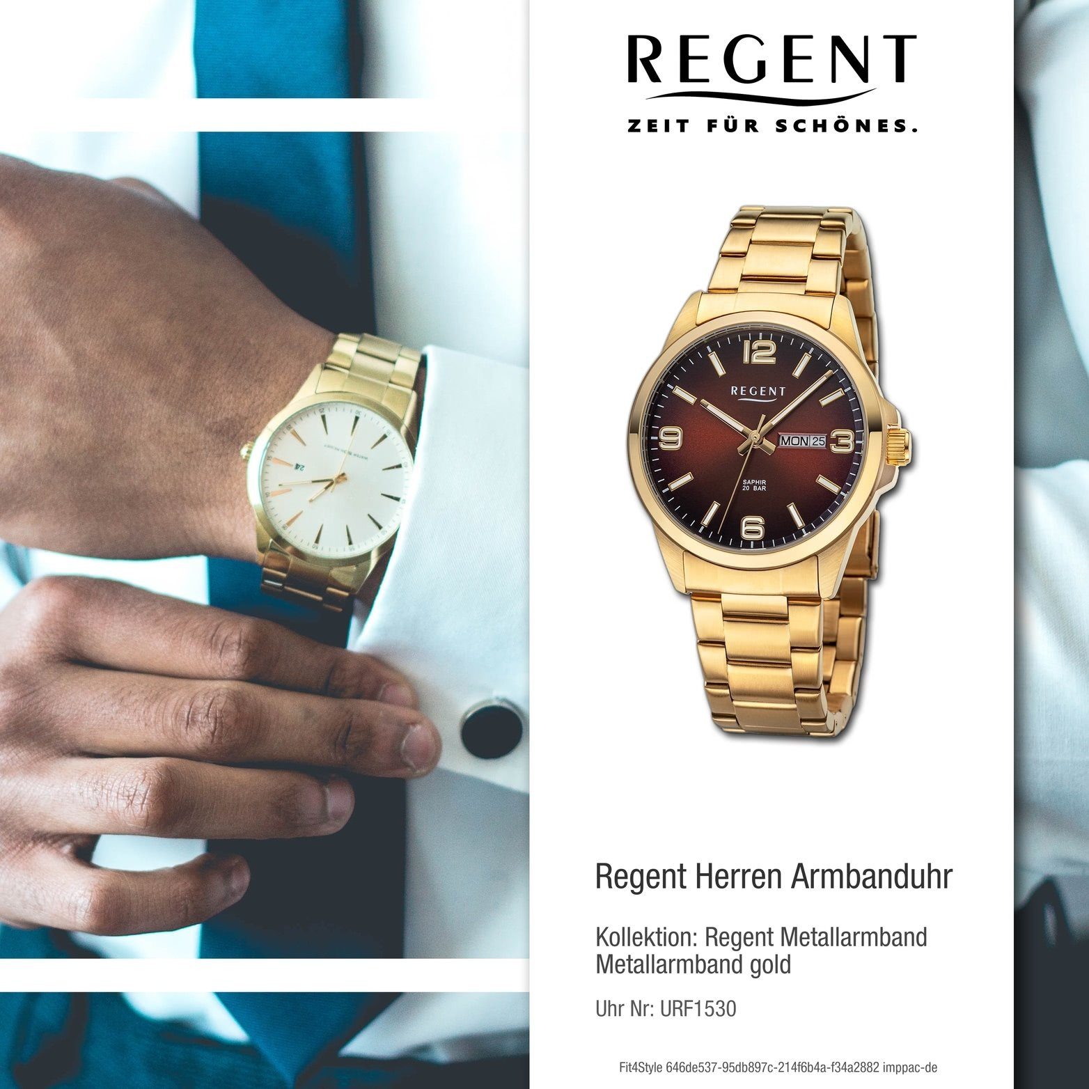 rundes Regent Armbanduhr gold, Herren Analog, Quarzuhr groß Gehäuse, Herrenuhr (ca. extra Metallarmband 39mm) Regent