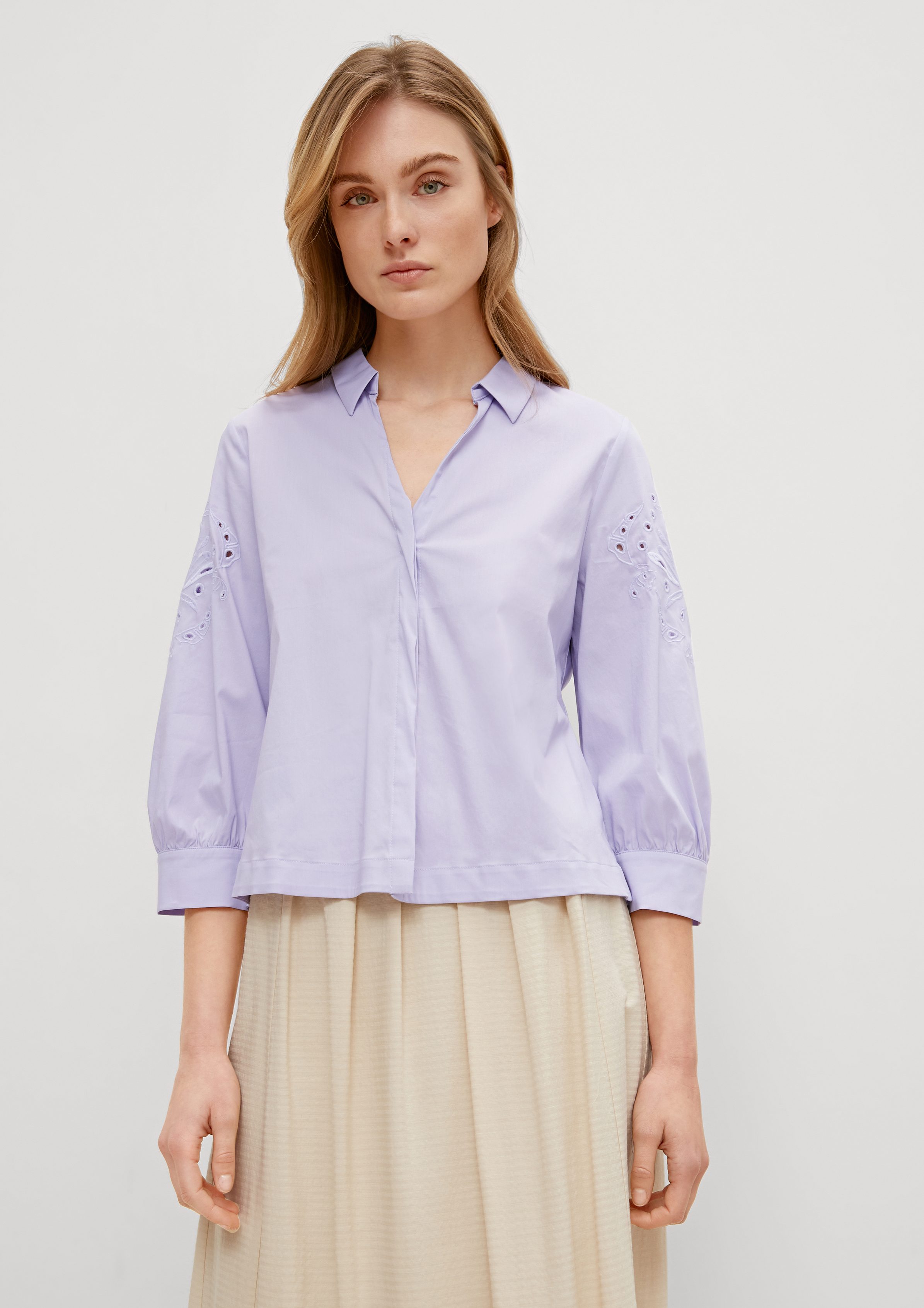 Comma 3/4-Arm-Shirt Bluse mit Broderie Anglaise Lochstickerei pale lilac