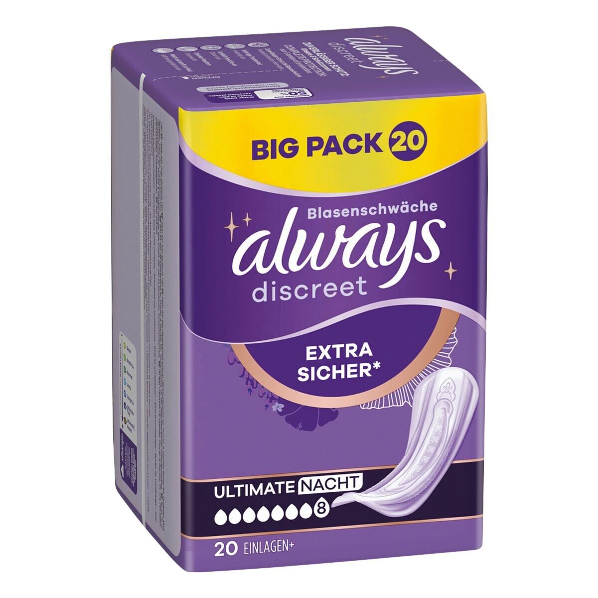 always Inkontinenz-Einlage Discreet + Ultimate Nacht, 8, 20-St., Saugstärke 8 - starke Blasenschwäche
