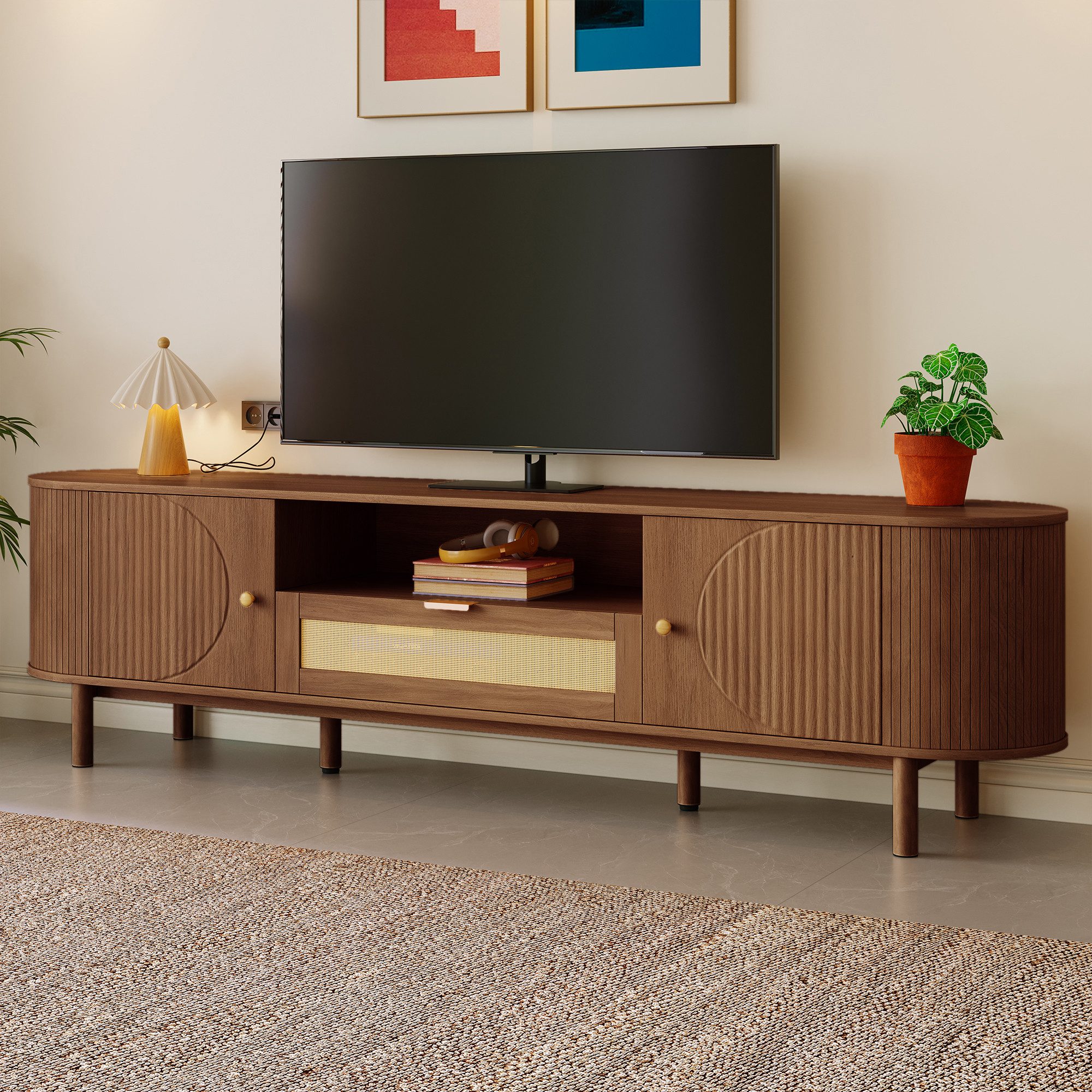 Merax Lowboard mit Abgerundete Struktur (1 St), TV-Schrank mit Rattanschubladen & Metallbeine mit Holzmaserung,B:175cm