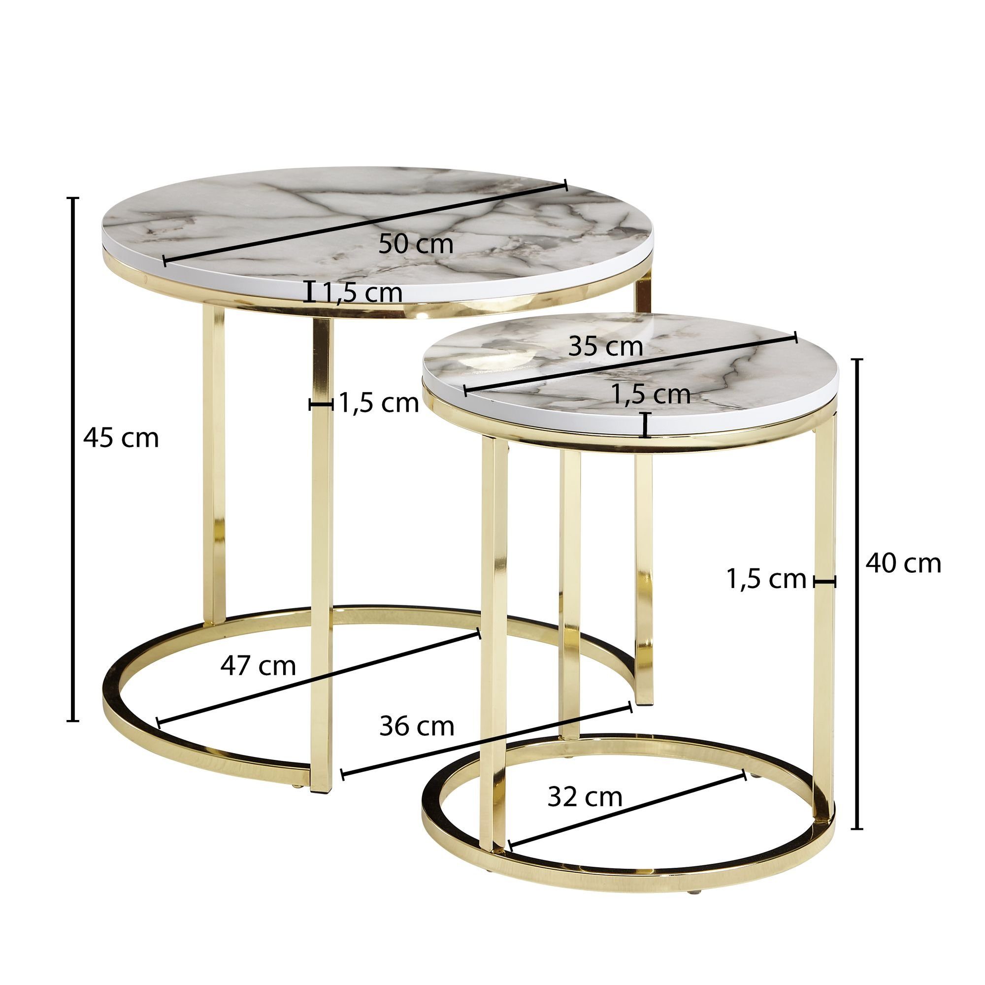 Satztische Optik, Kleine möbelando teilig Beistelltisch Metall 2er Moderne Tischgestell Marmor Set 2 Design Weiß 2er Marmor Gold, Optik Couchtisch Set Beistelltisch Satztisch Design Wohnzimmertische, Rund, Weiß