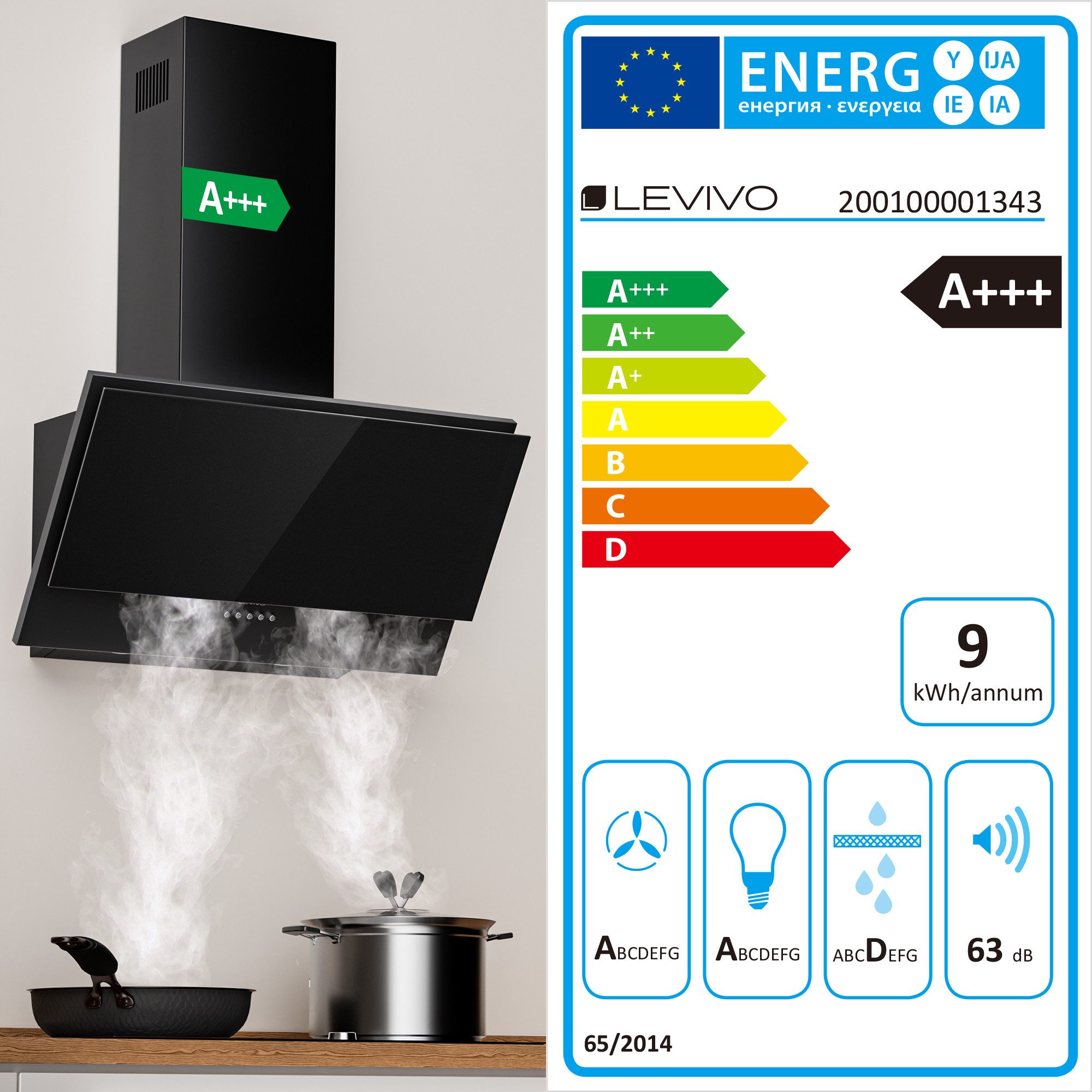 Levivo Kopffreihaube A+++ Dunstabzugshaube 60cm Umluft & Abluft mit 400 m³/h Luftleistung A+++ Dunstabzugshaube 60cm Umluft & Abluft mit 400 m³/h Luftleistung, Aktivkohlefiltern, Fettfiltern, LED-Beleuchtung