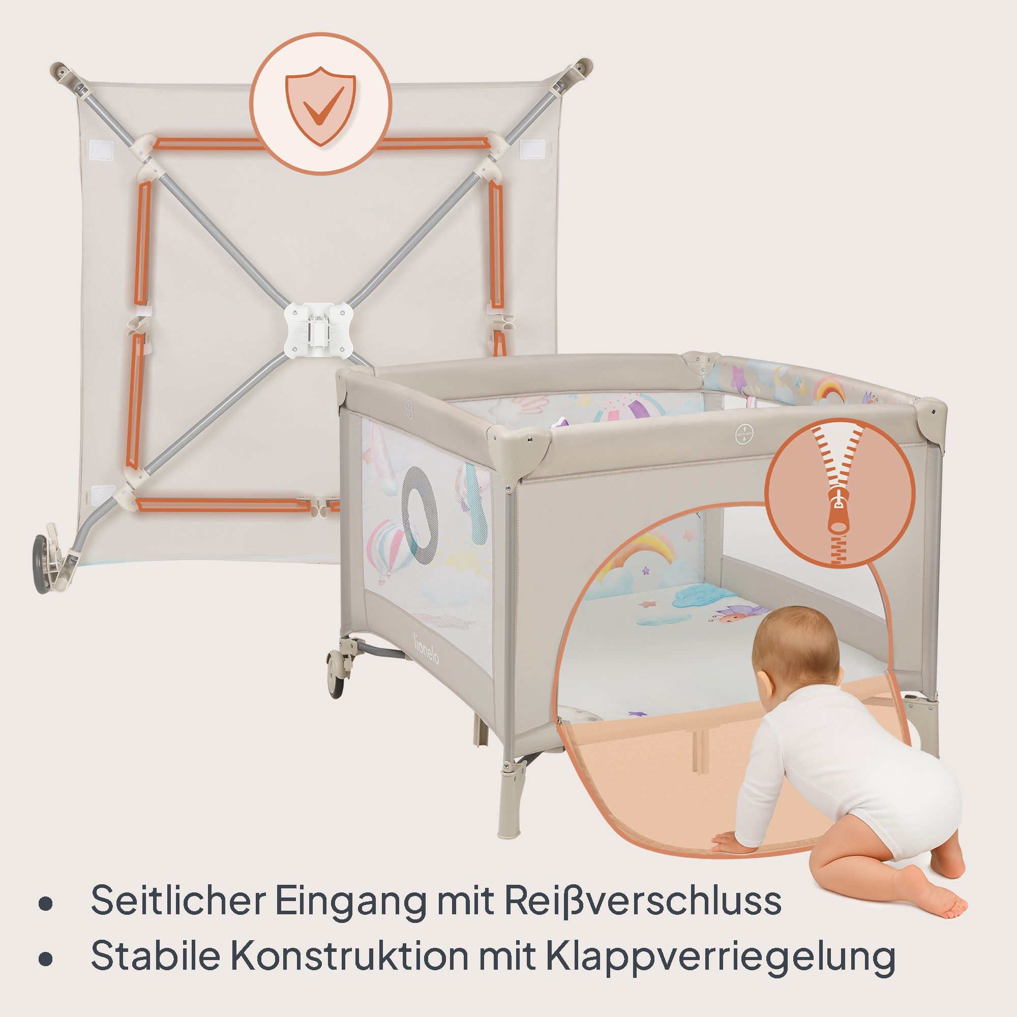 lionelo Laufgitter MILLE PLUS (Set mit Lernmatte und Tragetasche), Matratze/Spielzeug/Lernmatte/Reißverschluss-Eingang/Rollen