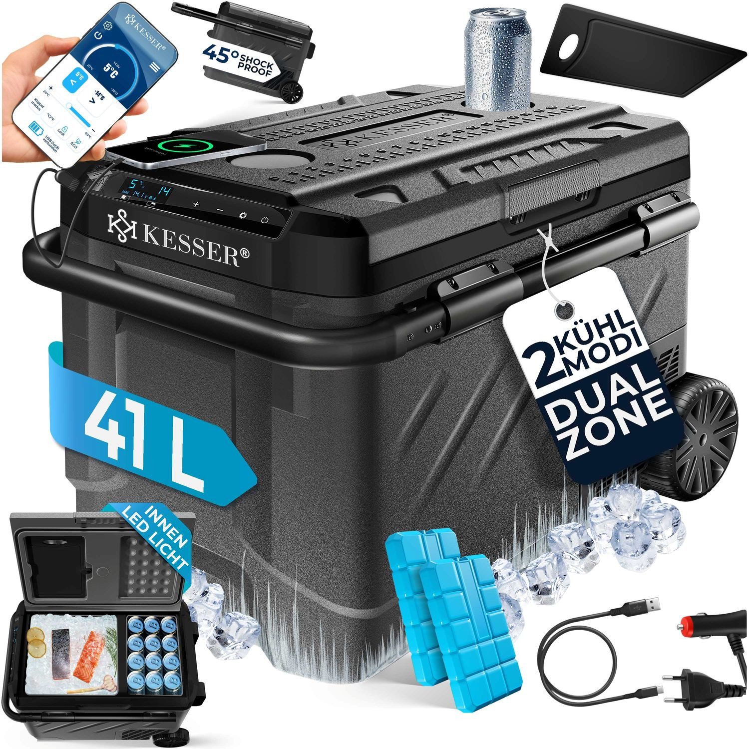 KESSER Kühlbox Kompressor Kühlbox elektrisch Camping Gefrierbox mit LED-Touch, 41 l, Mit APP-Steuerung & Kühlakkus USB 12/24V 230V Kühlung bis -20°C