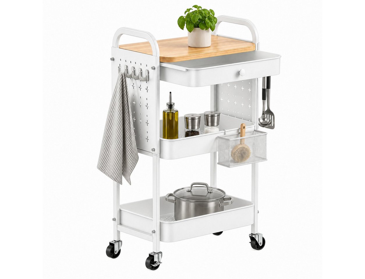 GLIESE POWER Beistellwagen 3 Ebenen – 22 kg pro Ebene, Rollen mit Bremse, für Küche & Büro, 2 Hängekörben, 4 Haken, 2 Lochplatten,1 Schublade, Bremsrollen, Griff