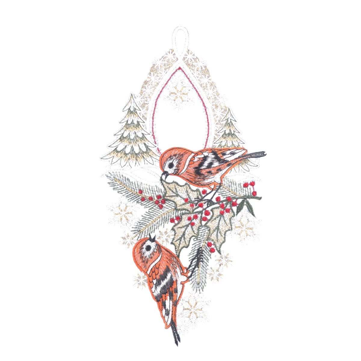 W. Reuter & Sohn - Plauener Spitze® Fensterbild Fensterbild "Wintervögel" farbig, 16 x 31 cm, Original Plauener Spitze