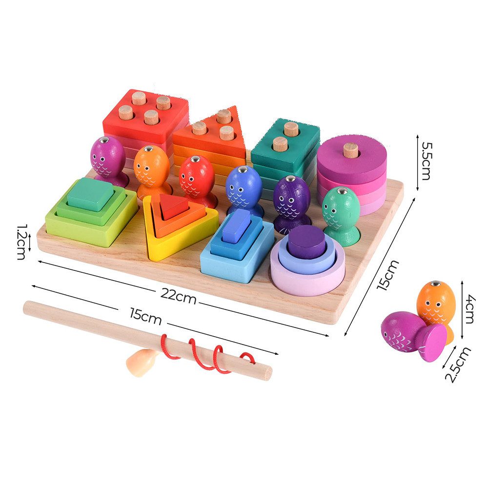 Flintry Lernspielzeug Montessori-Spielzeug ab 3 Jahr – Holzspielzeug & Stapelspielzeug, 3-in-1 Farben- und Formensortierer sowie Angelspiel, Kinderspielzeug – Bild 2 von 4