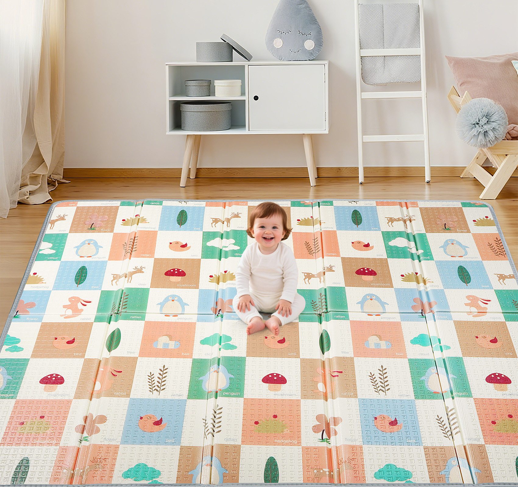 lindahandel Spielmatte Baby Krabbelmatte 200x180*1.5cm – faltbar, wasserdicht, doppelseitig, Weiche Spielmatte für Babys und Kinder mit Lernmuster & Tragetasche