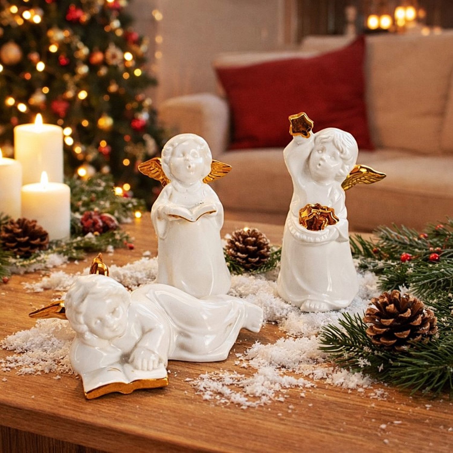 Online-Fuchs Dekofigur 3 süße Engel aus Keramik - Dekoration Herbst, Winter & Weihnachten (elegant & stilvoll, 3er Set), mit feinen goldfarbenen Akzenten verziert