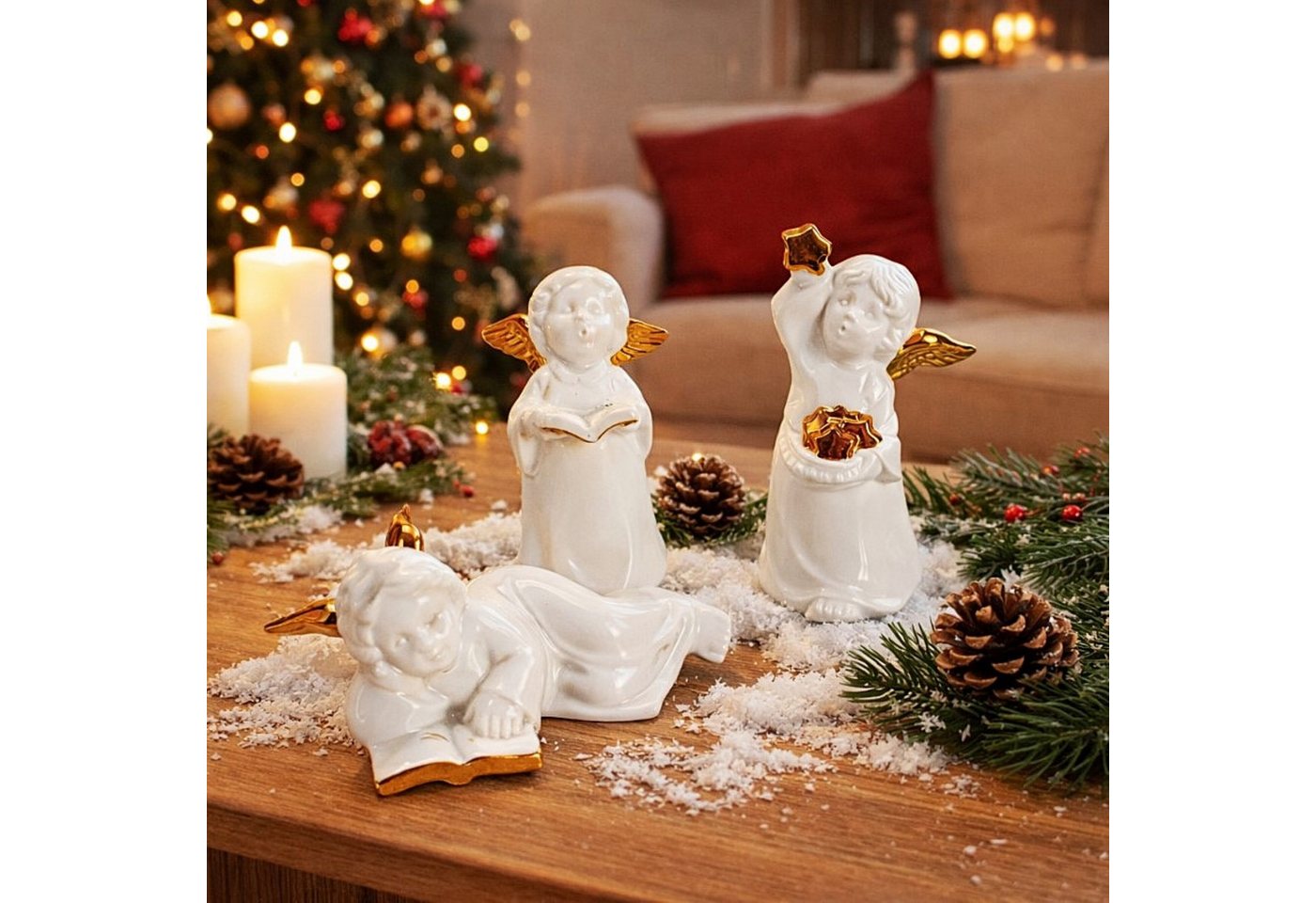Online-Fuchs Dekofigur 3 süße Engel aus Keramik - Dekoration Herbst, Winter & Weihnachten (elegant & stilvoll, 3er Set), mit feinen goldfarbenen Akzenten verziert