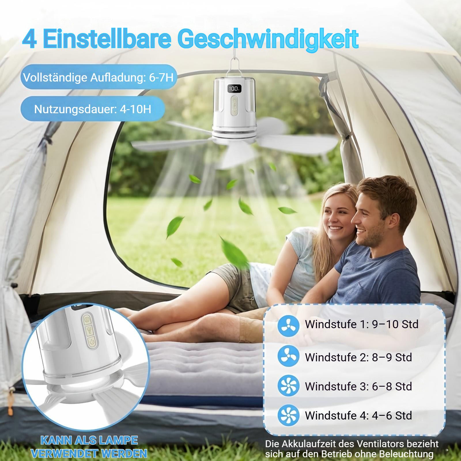 VIVIHEYDAY Deckenventilator Camping Ventilator, Tragbarer Deckenventilator mit Beleuchtung, USB, 4 Geschwindigkeiten & 1-12h Timer, Zeltdeckenventilator
