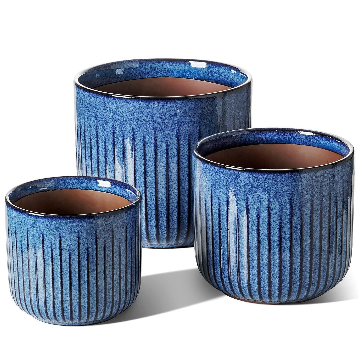 LuxusKollektion Blumentopf Blumentopf Keramik 3er Set Übertopf Glasur Ozeanblau 21+17+14 cm