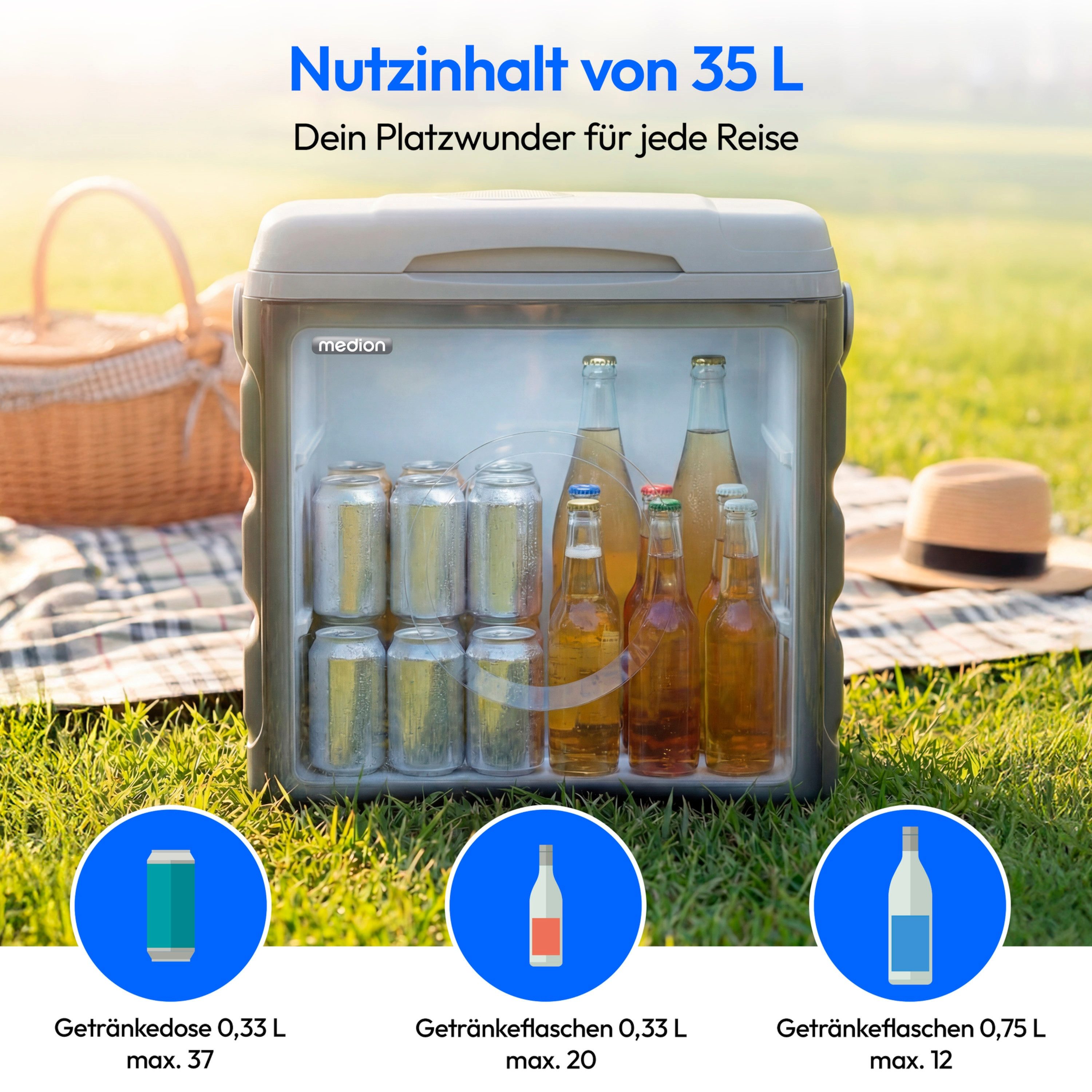 Medion® Kühlbox MEDION LIFE Thermoelektrische Kühlbox MD370030, 35 L, 12V 230V USB 5V, ECO Modus