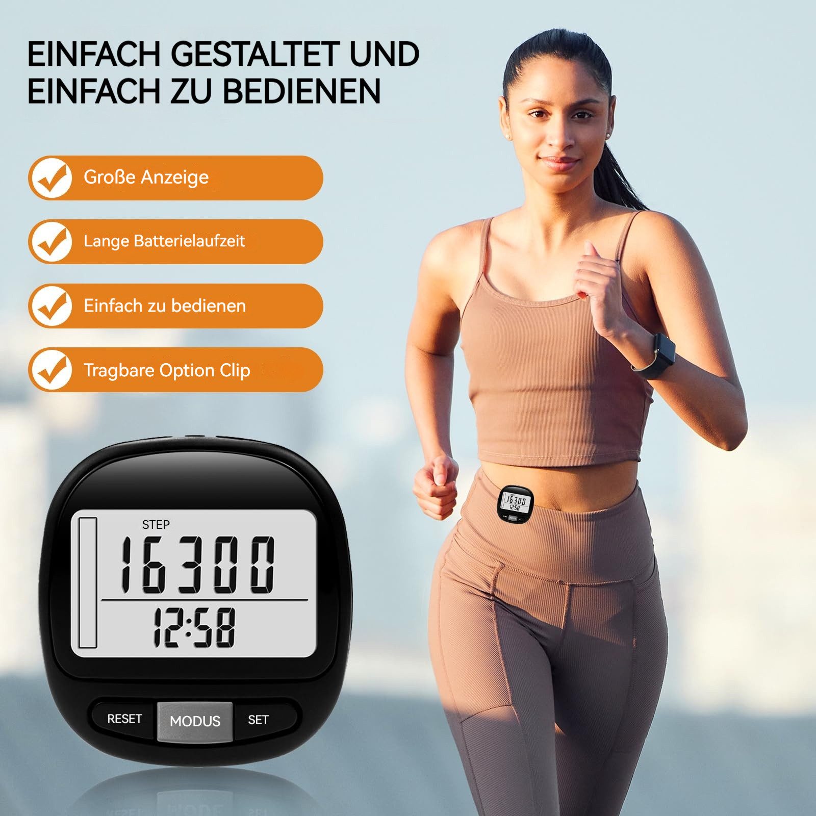 Minicloss Schrittzähler 3D-Schrittzähler, Schrittzähler mit größerem Display, mit abnehmbarem Clip und Trageband, Fitness-Schrittzähler