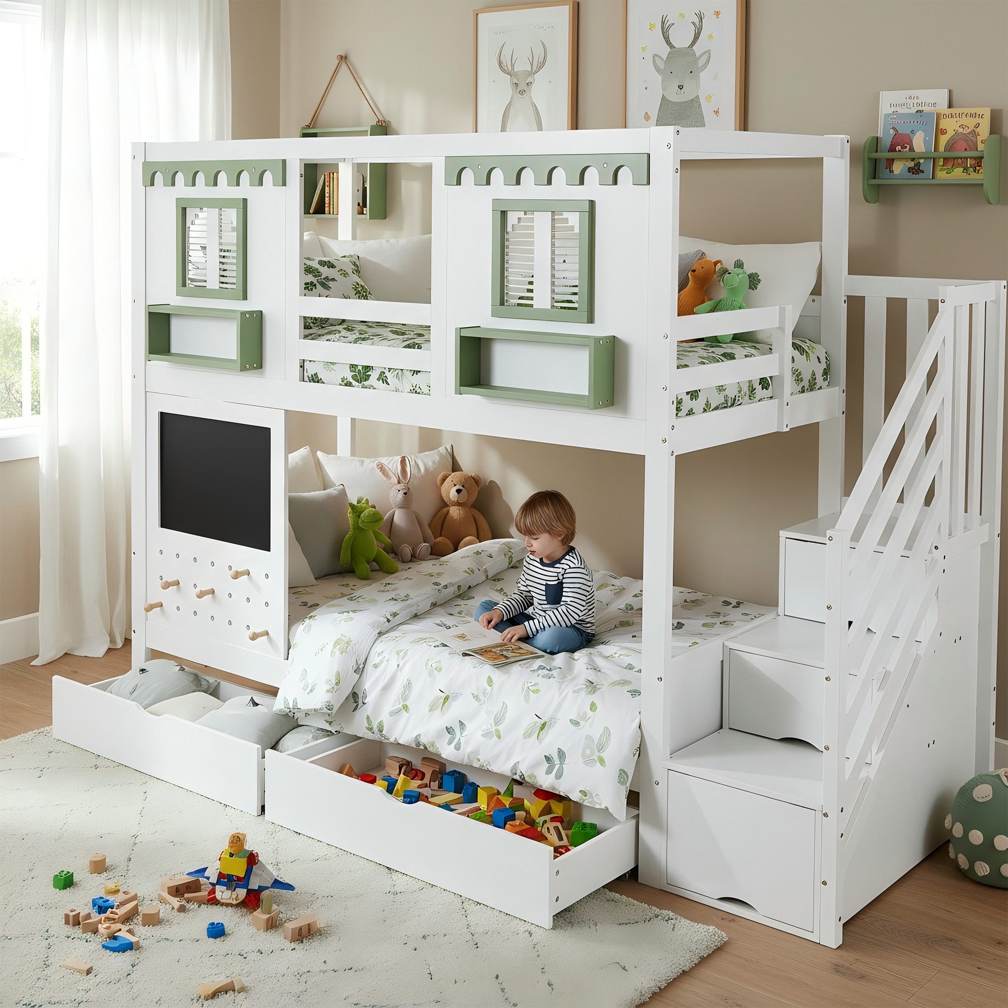 Merax Etagenbett 90x200cm mit Fenster Design (Jugendbett Hausbett Stockbett Doppelbett, 1-St), Kiefernholz Kinderbett mit 2 Schubladen, Stauraumtreppe, Tafel &  – Bild 4 von 5