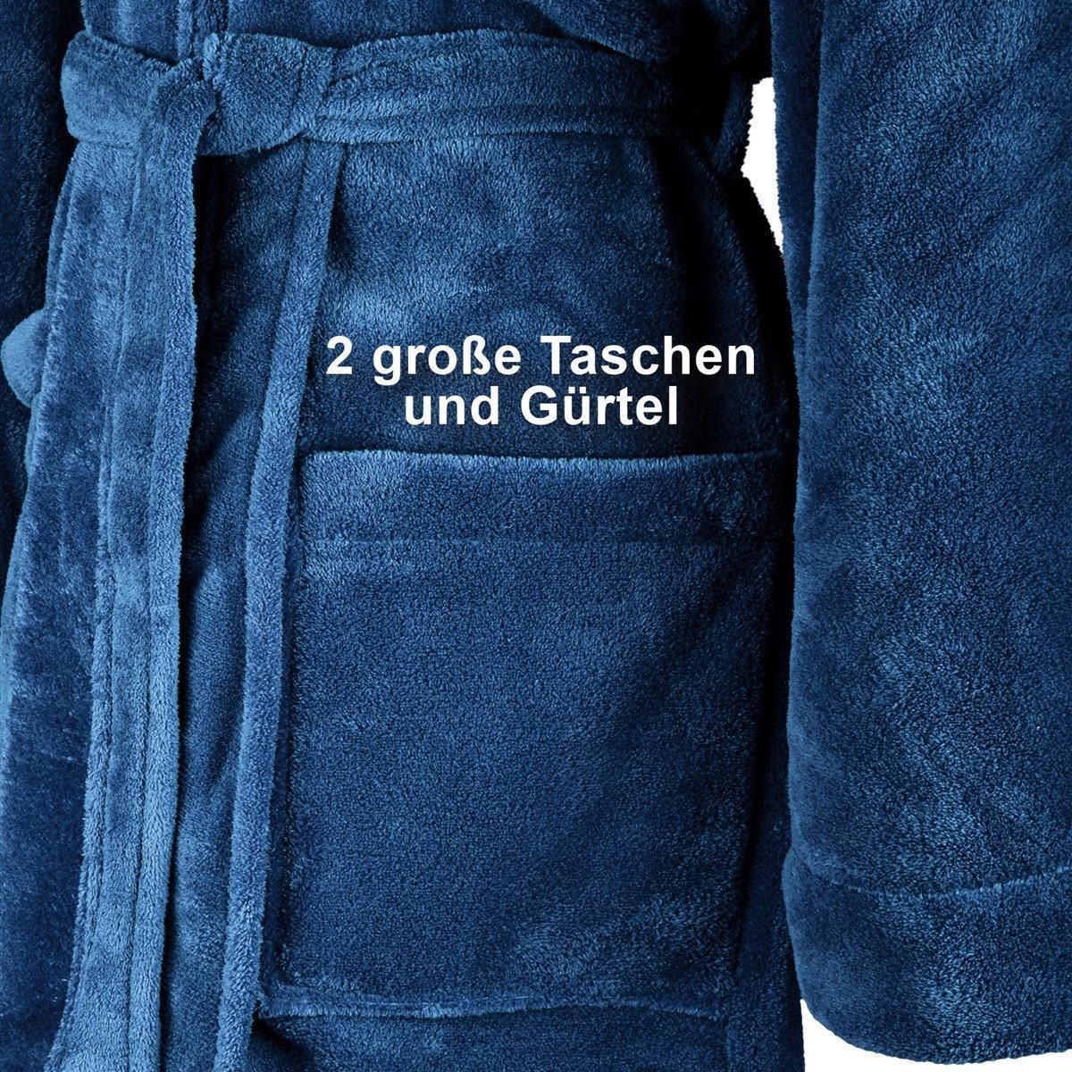 Gräfenstayn Unisex-Bademantel Kuschelfleece Bademantel Kapuze Flanell Fleece, S blau, warm & kuschelig, Waden bis Knöchellang, Fronttaschen, Gürtel, S-XXXL