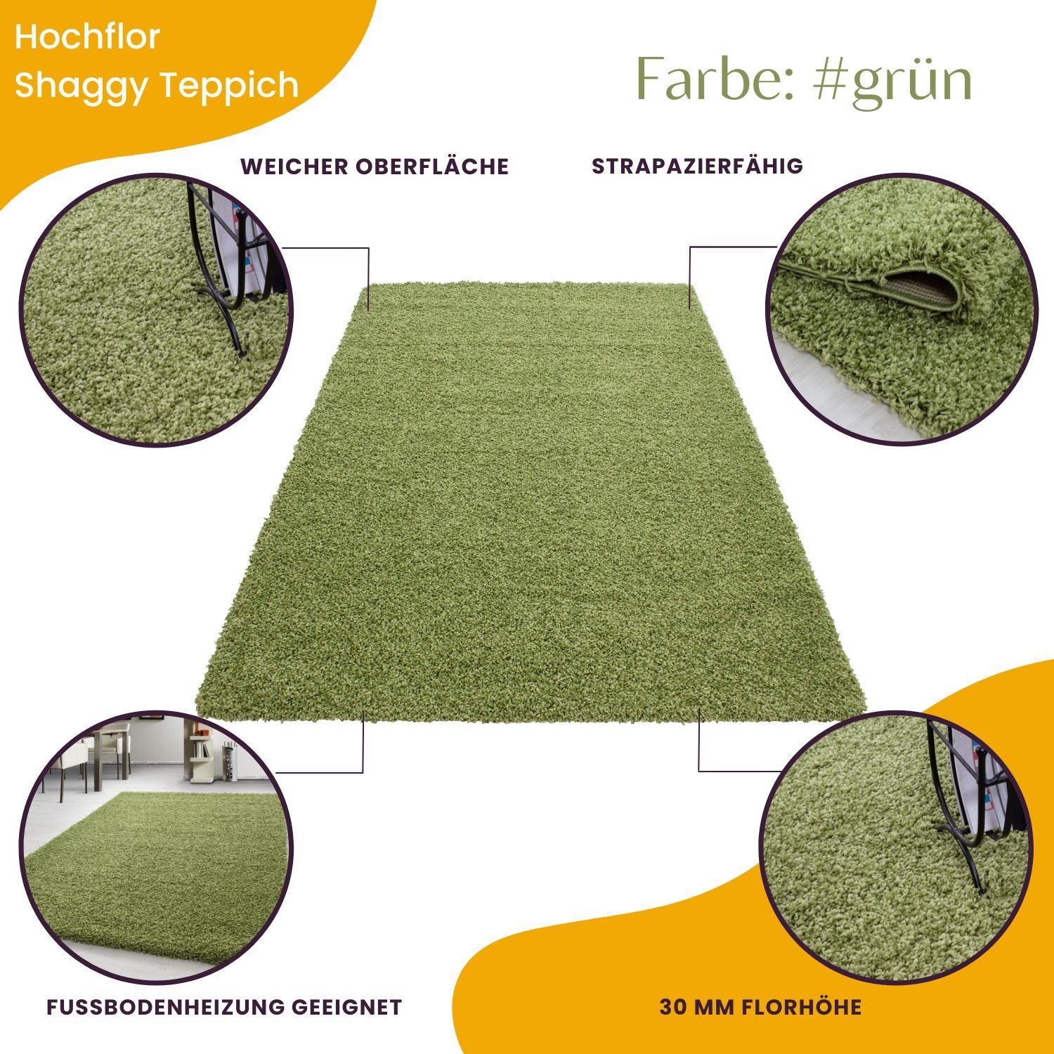 Teppium Teppich Unicolor - Einfarbig, Rechteckig, Höhe: 30 mm, Einfarbig Shaggy Teppich Wohnzimmer Langflor versch. farben und größen