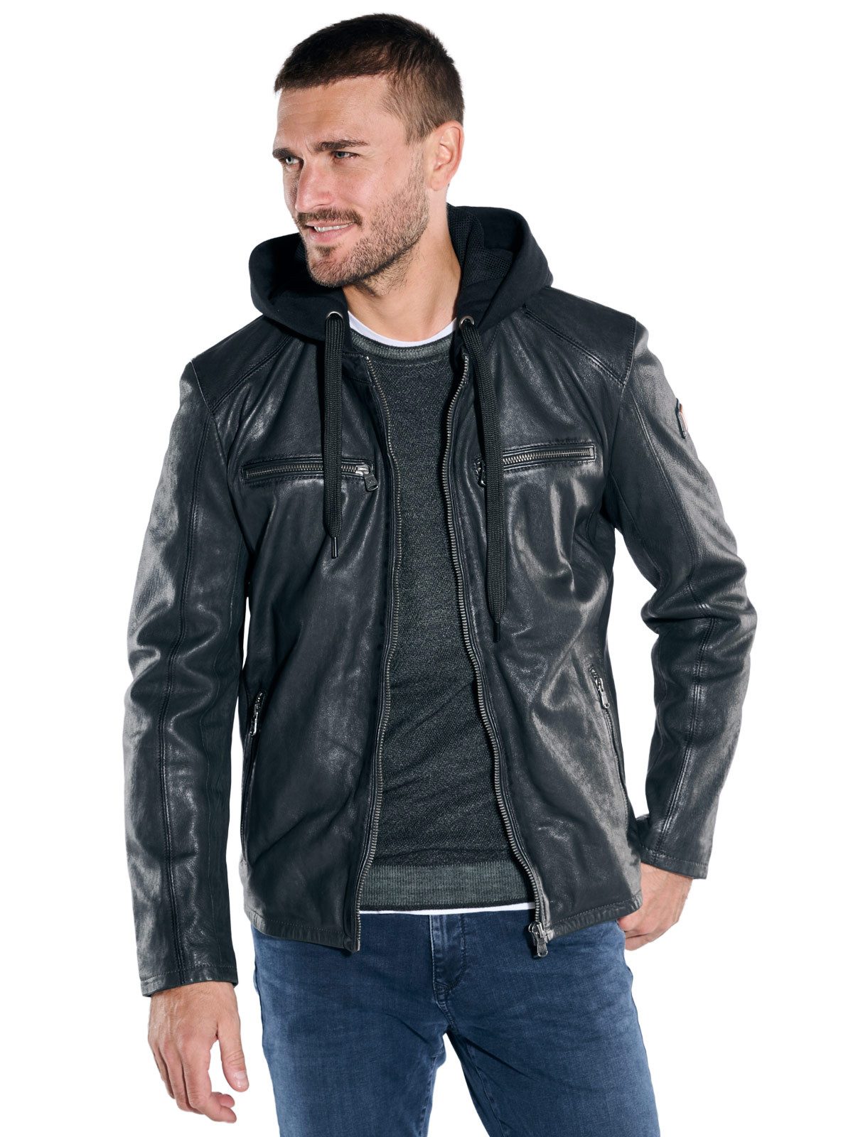 emilio adani Lederjacke Herren Lederjacke mit abnehmbarer Kapuze, Anthrazit