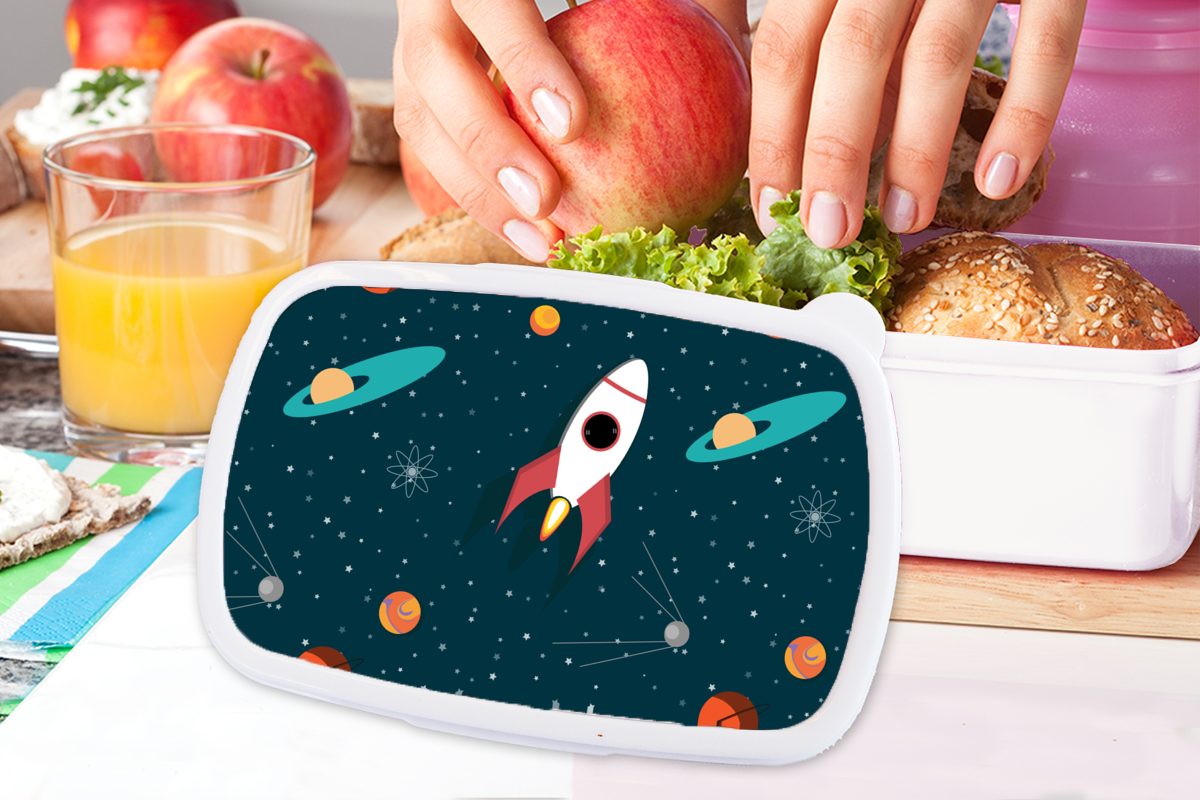 Kinder Brotbox Rakete Design, MuchoWow - Weltraum weiß für und Erwachsene, Jungs Mädchen - Kunststoff, Kinder (2-tlg), - für und Brotdose, Lunchbox