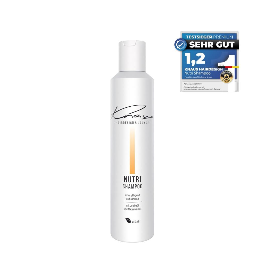 Knaus Hairdesign Haarshampoo NUTRI Shampoo, mit Jojoba-Öl für kräftiges und trockenes Haar, Maximale Feuchtigkeitsbindung. Kaltgepresstes Jojoba- & Macadamia-Öl
