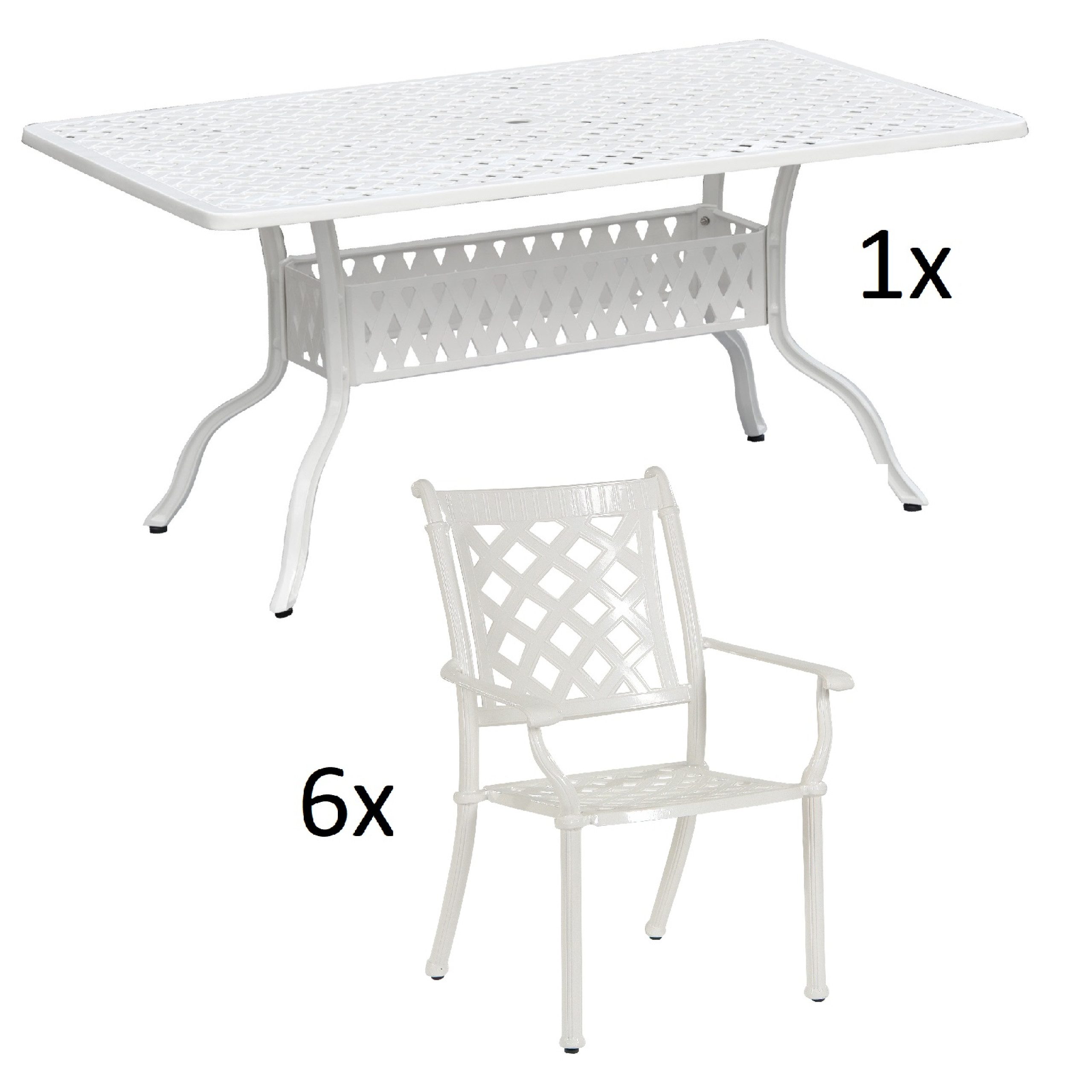 Inko Sitzgruppe Inko 7-teilige Sitzgruppe Alu-Guss weiß Tisch 120x80x74 cm cm mit 6