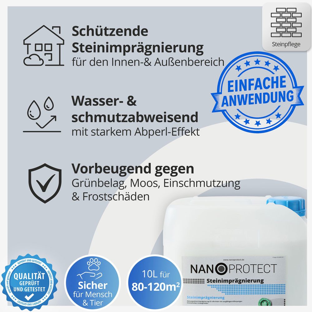 Nanoprotect Steinimprägnierung Naturstein-Imprägnierung (Steinimprägnierung für 80 - 120 qm), Unsichtbare Imprägnierung - Made in Germany