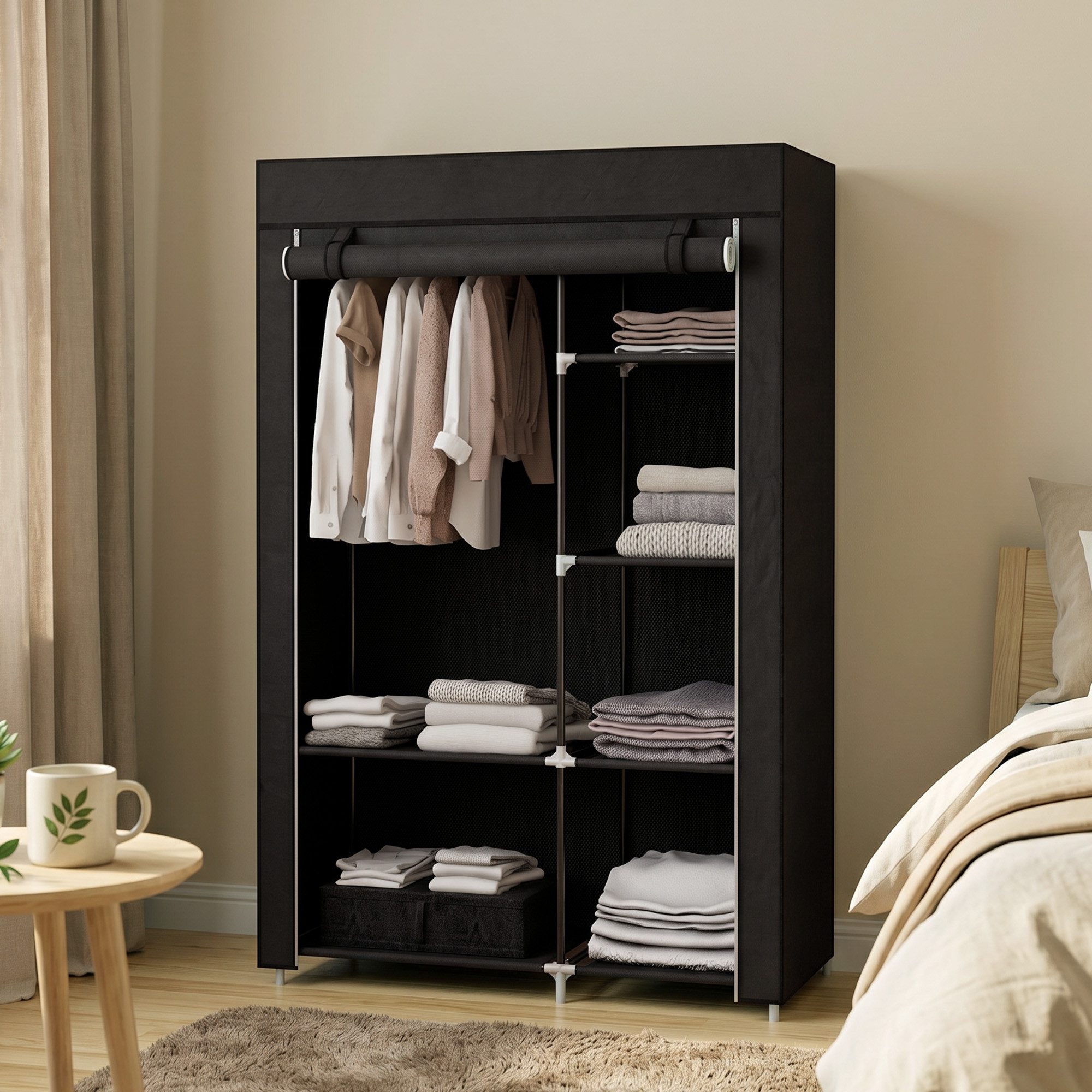furnicato Kleiderschrank Stoffschrank Schwarz 103L x 43B x 162,5H cm mit Garderobenschrank mit 6 Einlegeböden, Reißverschluss und Staubschutz