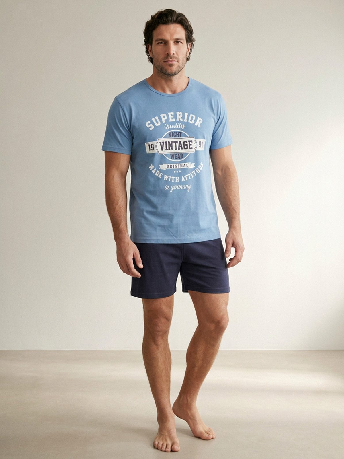 Henry Terre Shorty Vintage Blaue Shorts Herren Pyjama Set Kurzarm M - 5XL