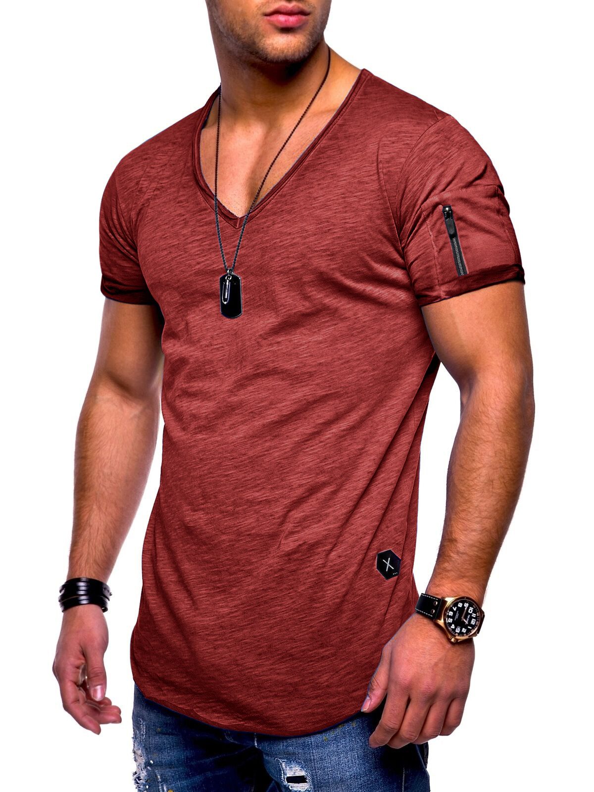 SOULSTAR T-Shirt BHKNINW Herren Basic Kurzarm V-Neck Oversized Shirt V-Ausschnitt Zipper