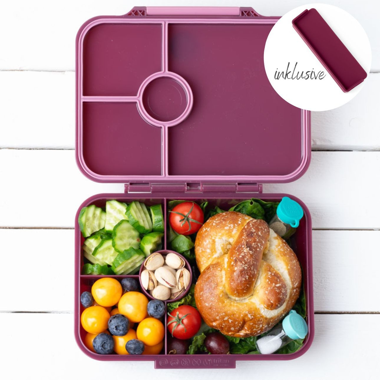 LEKKABOX Lunchbox Bentobox Brotdose, 4 Fächer - Kinder Vesperdose Brotbüchse Brotbox, Für feuchte Lebensmittel auslaufsicher, inkl. extra Trenner