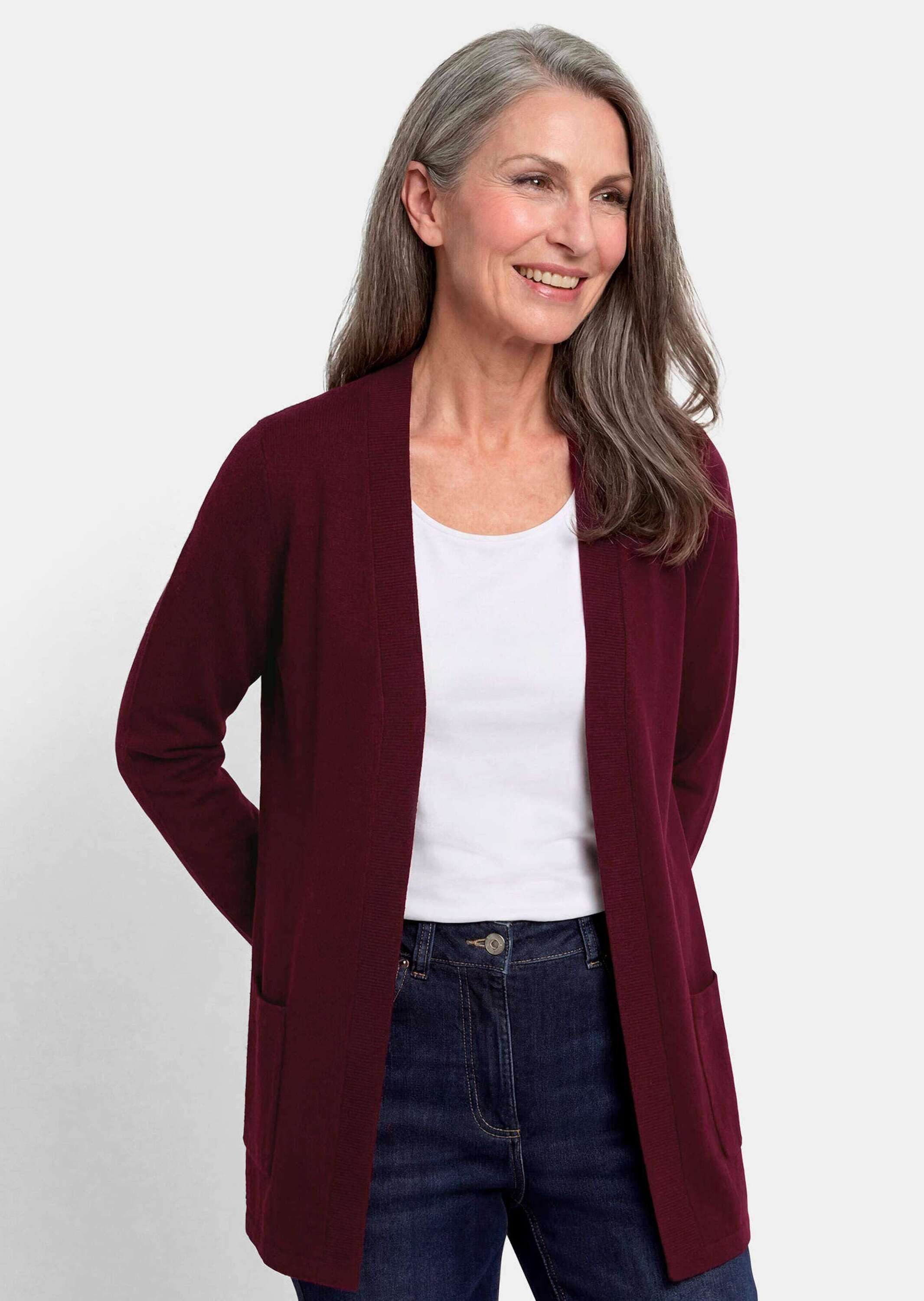 GOLDNER Strickjacke Elegante Strickjacke mit Kaschmir Longjacke ohne Verschluss mit aufgesetzten Taschen und Langarm