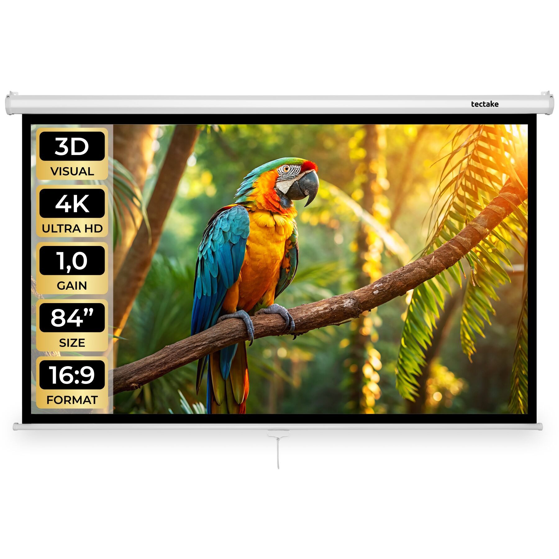 tectake Beamer-Leinwand für 4K, HD, Ultra HD und Full HD, Format 16:9, 84“ Deckeneinbauleinwand (Gain-Faktor 1, 0, Wand- oder Deckenmontage, faltenfrei, robust)