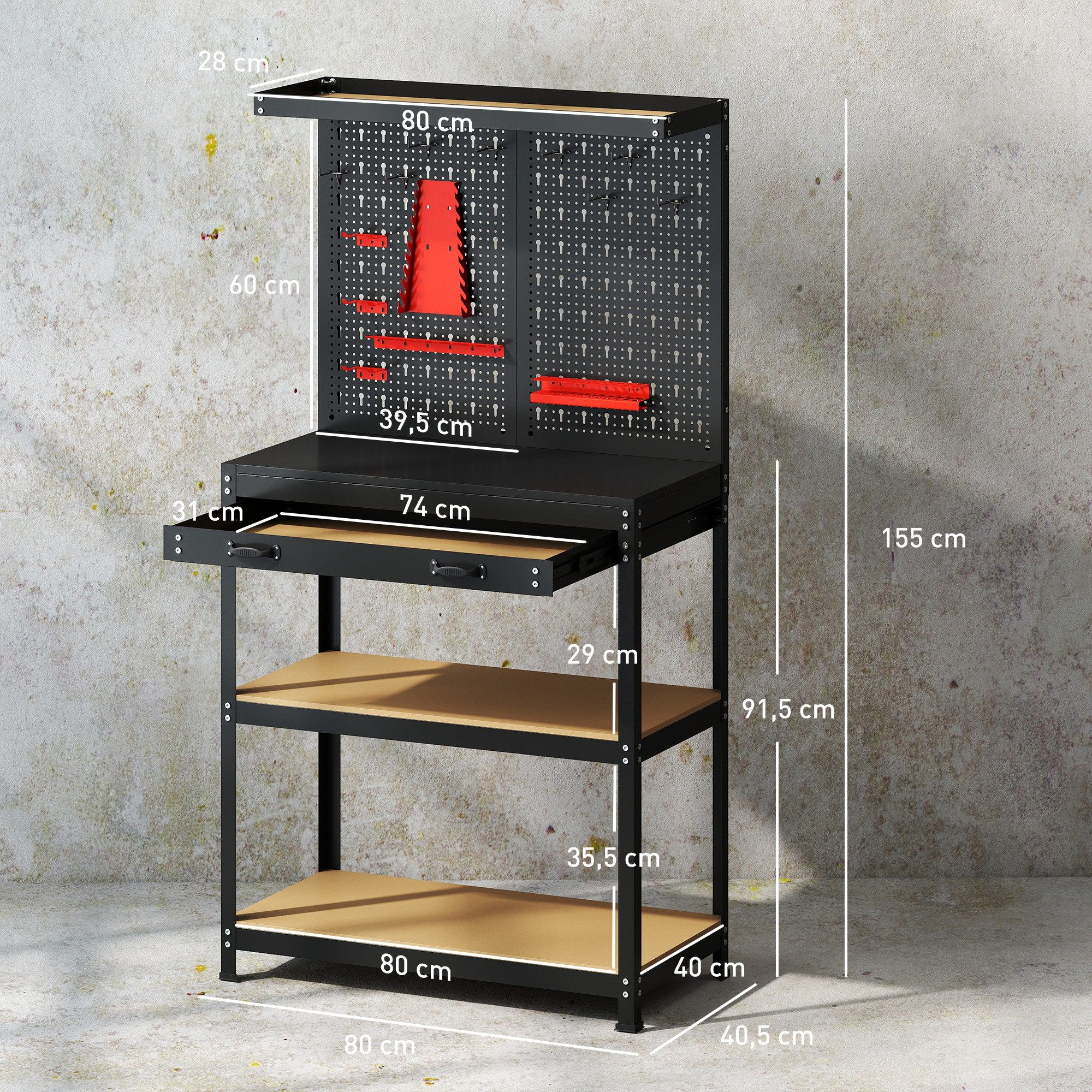 HOMCOM Werkstatt-Set mit Regale, Schublade, (Werkstatteinrichtung, 1-tlg), für Garage, Werkstatt, Schwarz
