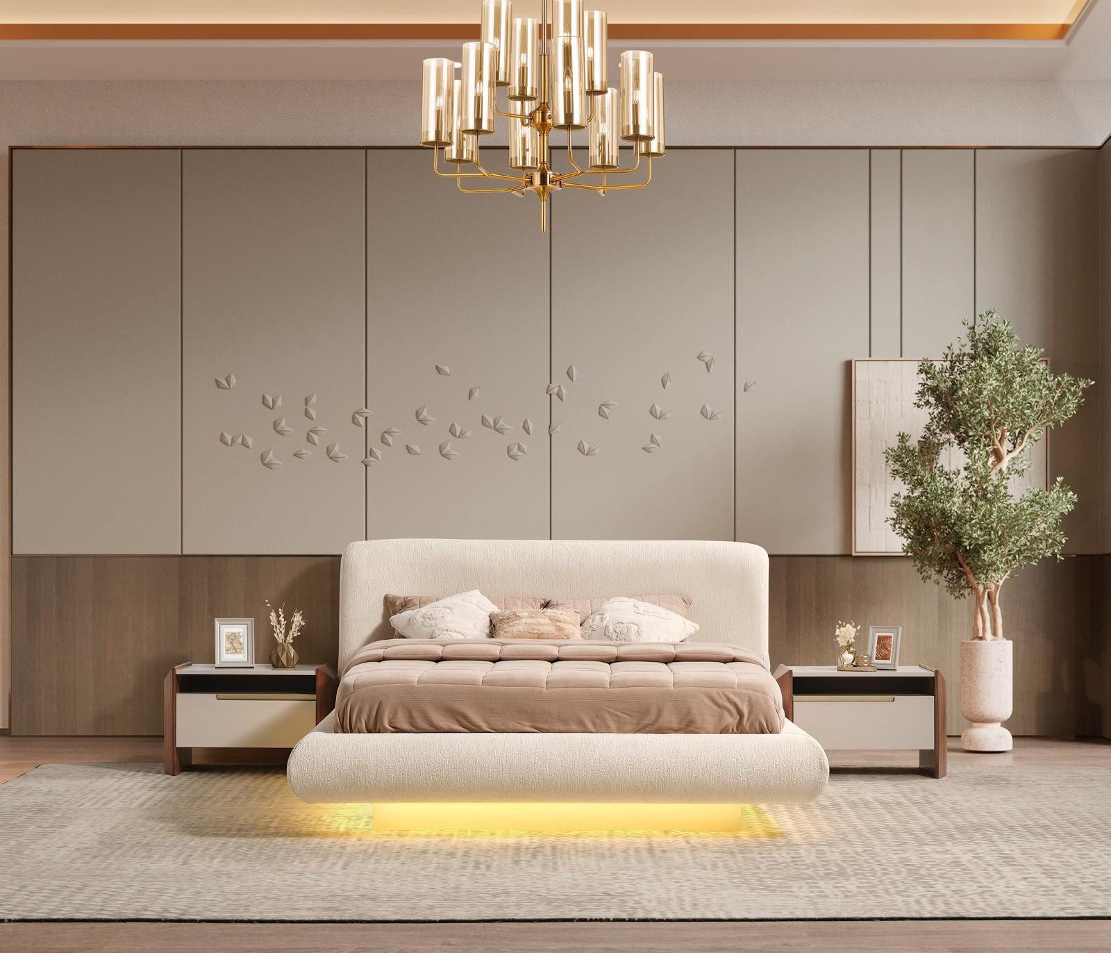 JVmoebel Schlafzimmer-Set Elegantes Schlafzimmer-Set aus Holz in Beige mit modernem Design, (3-tlg., MaßeBett, MaßeNachttische), Made in Europe