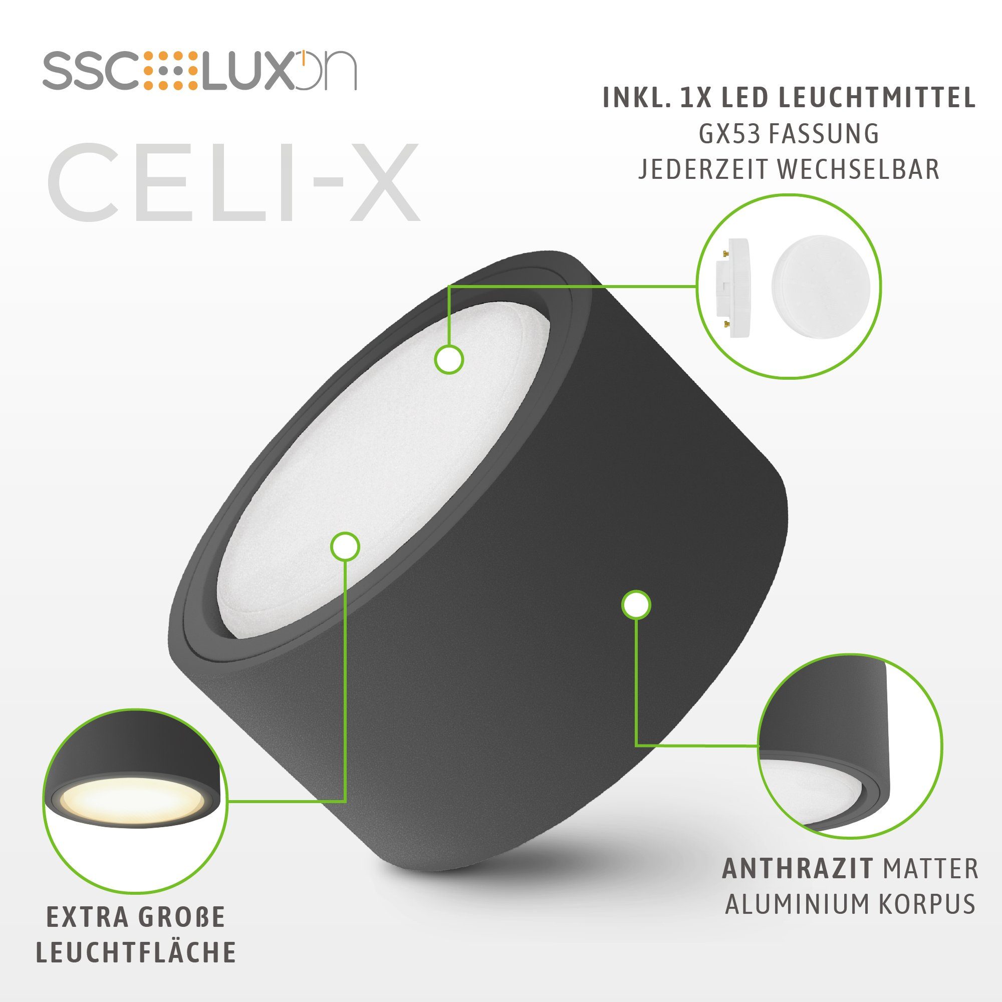 SSC-LUXon Aufbauleuchte anthrazit Aufputz 4, warmweiss GX53 mit LED CELI-X Warmweiß flach Deckenstrahler