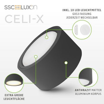 SSC-LUXon Aufbauleuchte CELI-X Aufputz Deckenstrahler flach anthrazit mit LED GX53 warmweiss 4, Extra Warmweiß