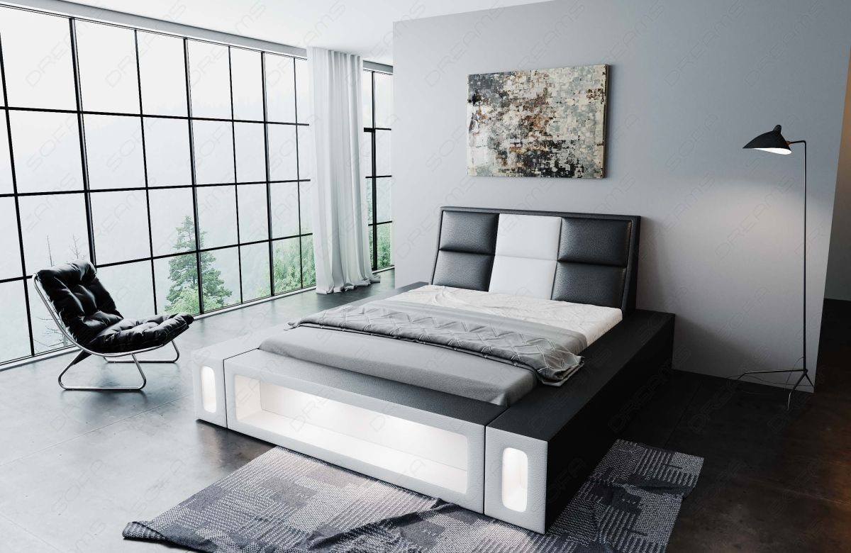 Dreams schwarz-weiß Bett Matratze, Sofa Komplettbett LED mit mit Beleuchtung mit Premium Topper, LED Boxspringbett Beleuchtung, Venosa Mit Kunstleder