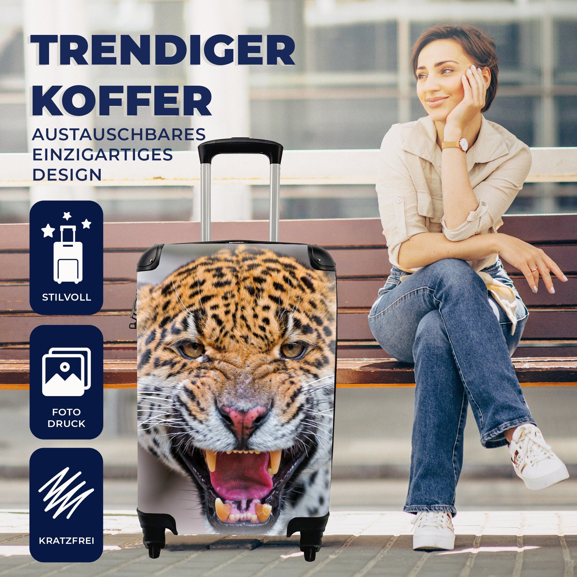 Rollen, 4 rollen, - Handgepäck Ferien, für Trolley, Jaguar Makro MuchoWow mit - Tier, Reisekoffer Reisetasche Handgepäckkoffer