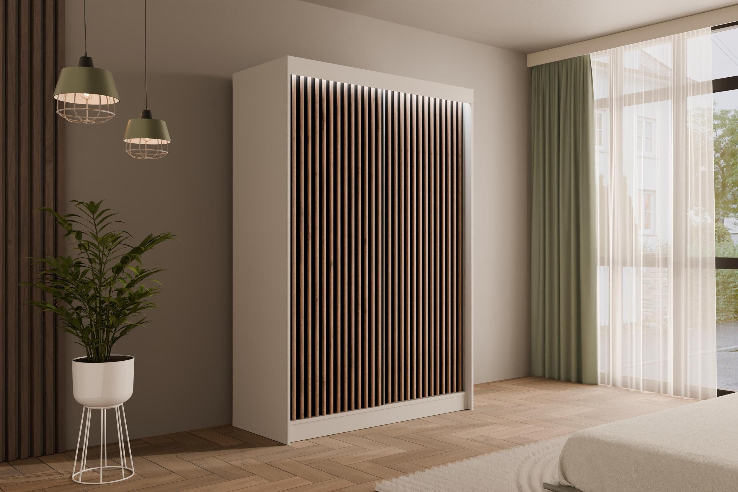 ALTDECOR Schiebetürenschrank VILANv2 (Kleiderschrank Garderobenschrank mit viel Stauraum Moderner Schrank) Vielseitiger Schwebetürenschrank Lamellen LED Beleuchtung