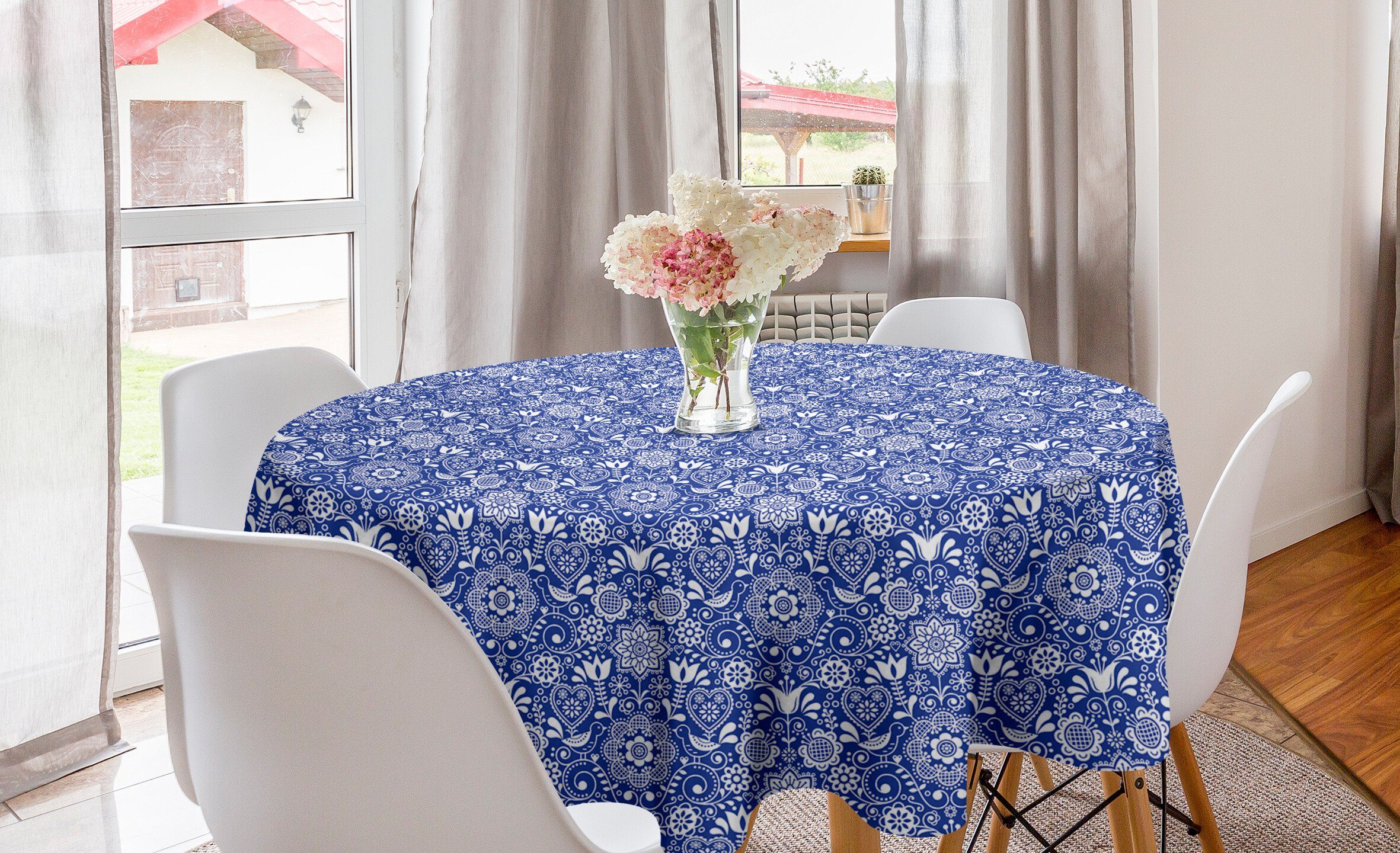Abakuhaus Tischdecke Kreis Tischdecke Abdeckung für Esszimmer Küche Dekoration, Navy blau Volkskunst Vögel Blumen